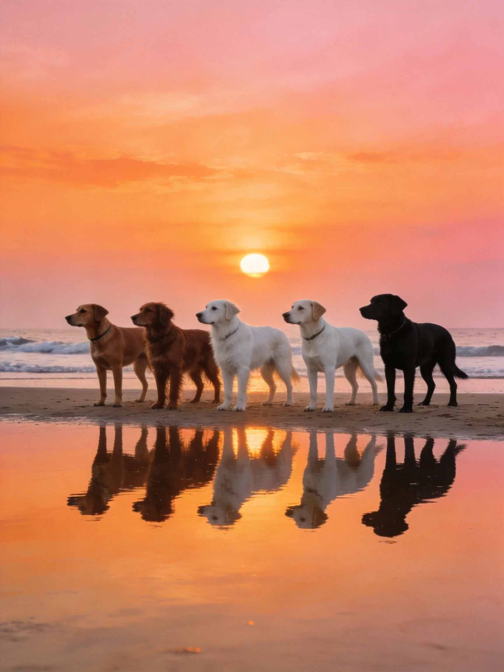 Five dogs of different colors stand together on a beach reflecting a colorful sunset