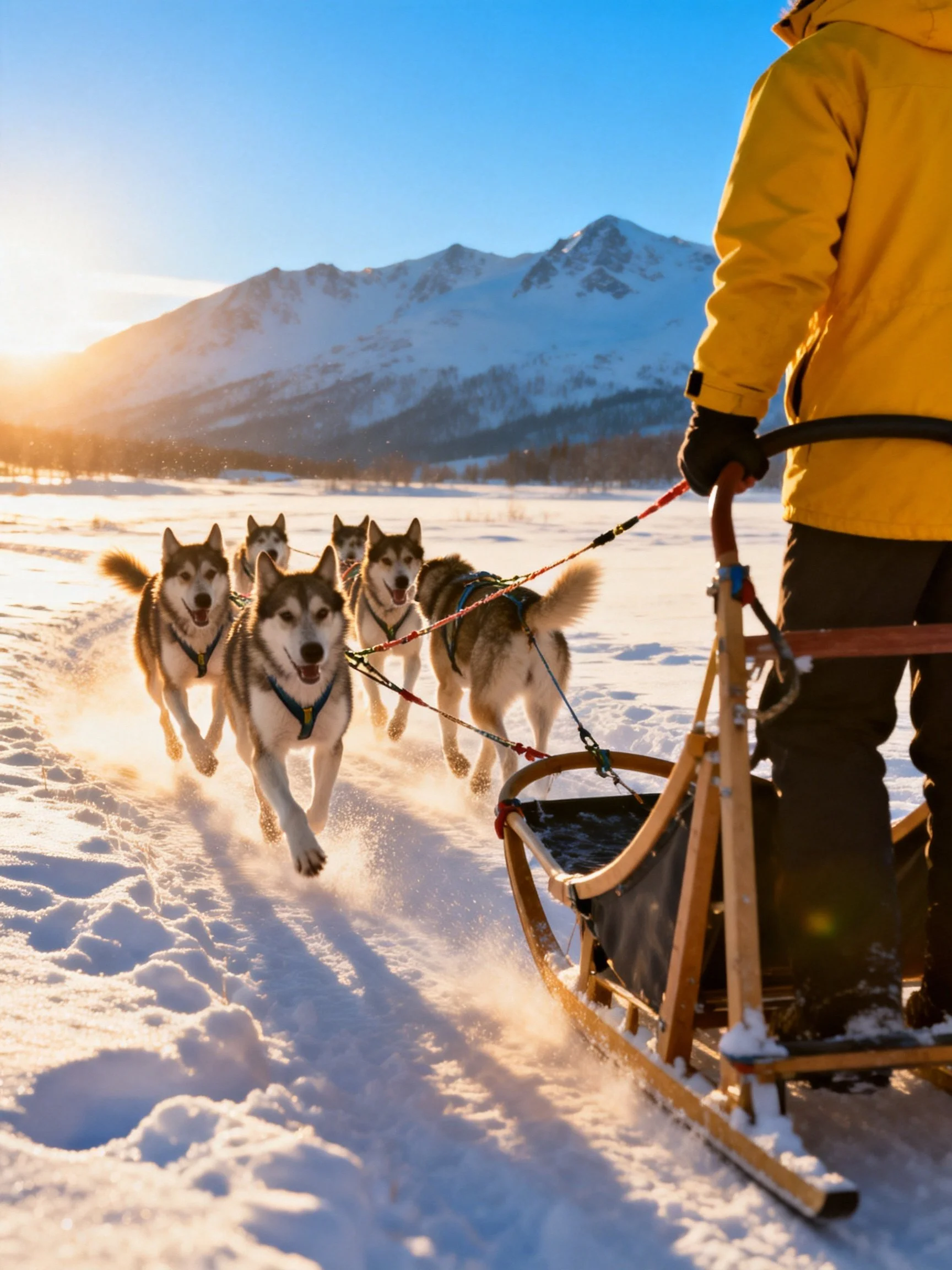 Five huskies pull a sled with a person in yellow coat