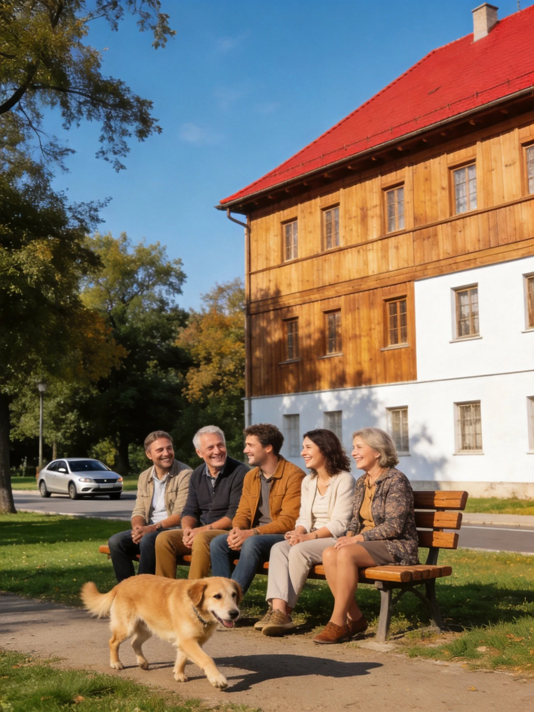 Five people sit together on a bench in a sunny park area with a golden retriever nearby