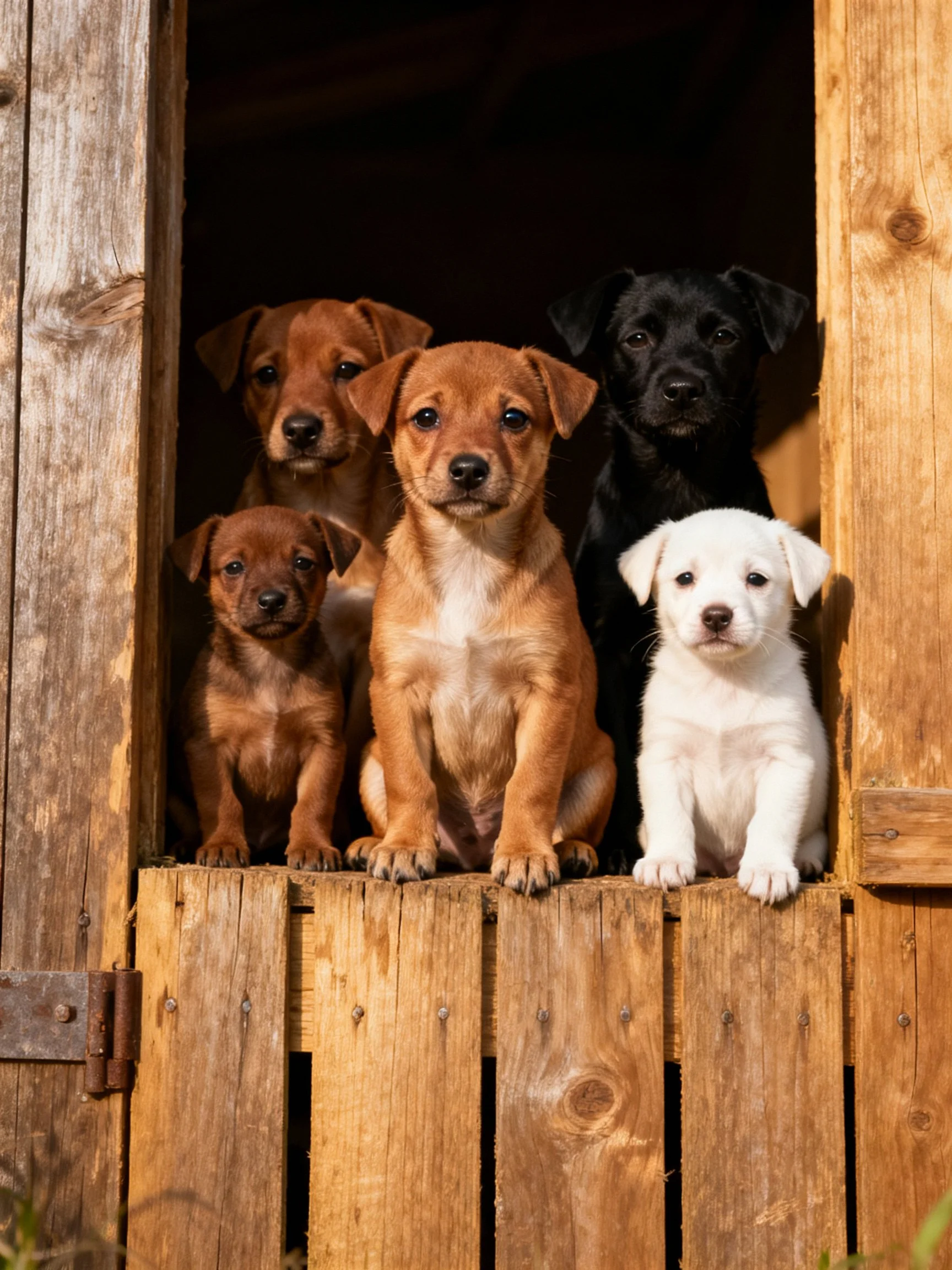 Five puppies of varying colors sit together in a rustic wooden shelter opening