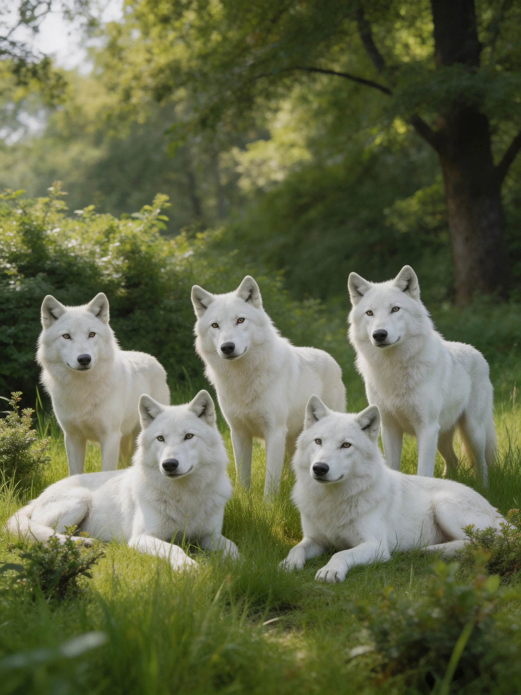 Five white wolves rest and stand together in a sunlit forest area.