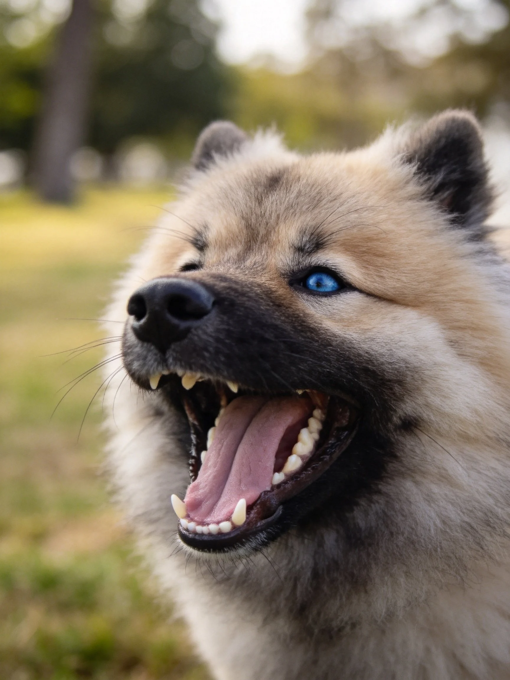 A Keeshond puppy with blue eyes barks in an outdoor park setting.