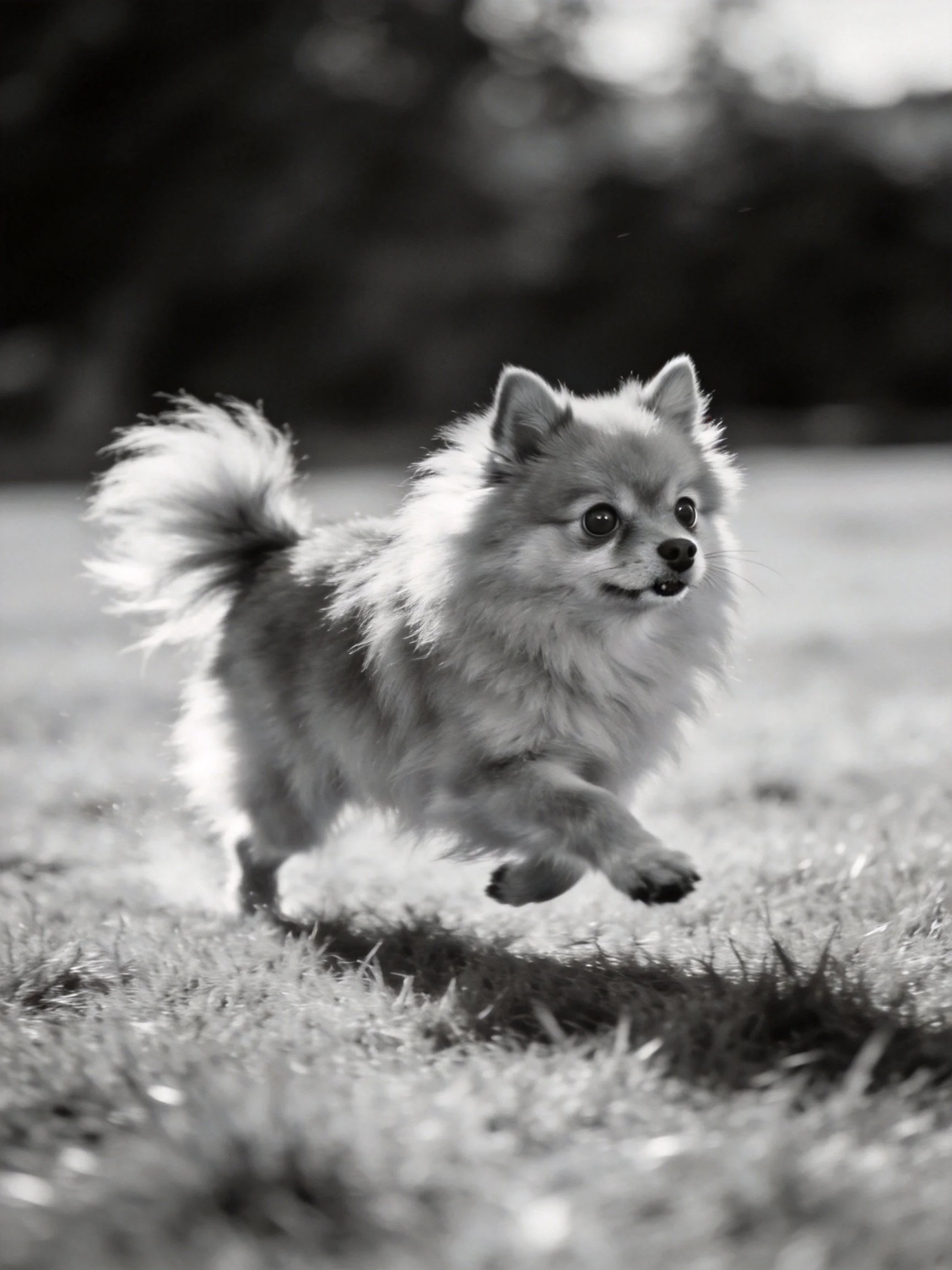 A small dog runs joyfully on grass in a monochrome photograph.