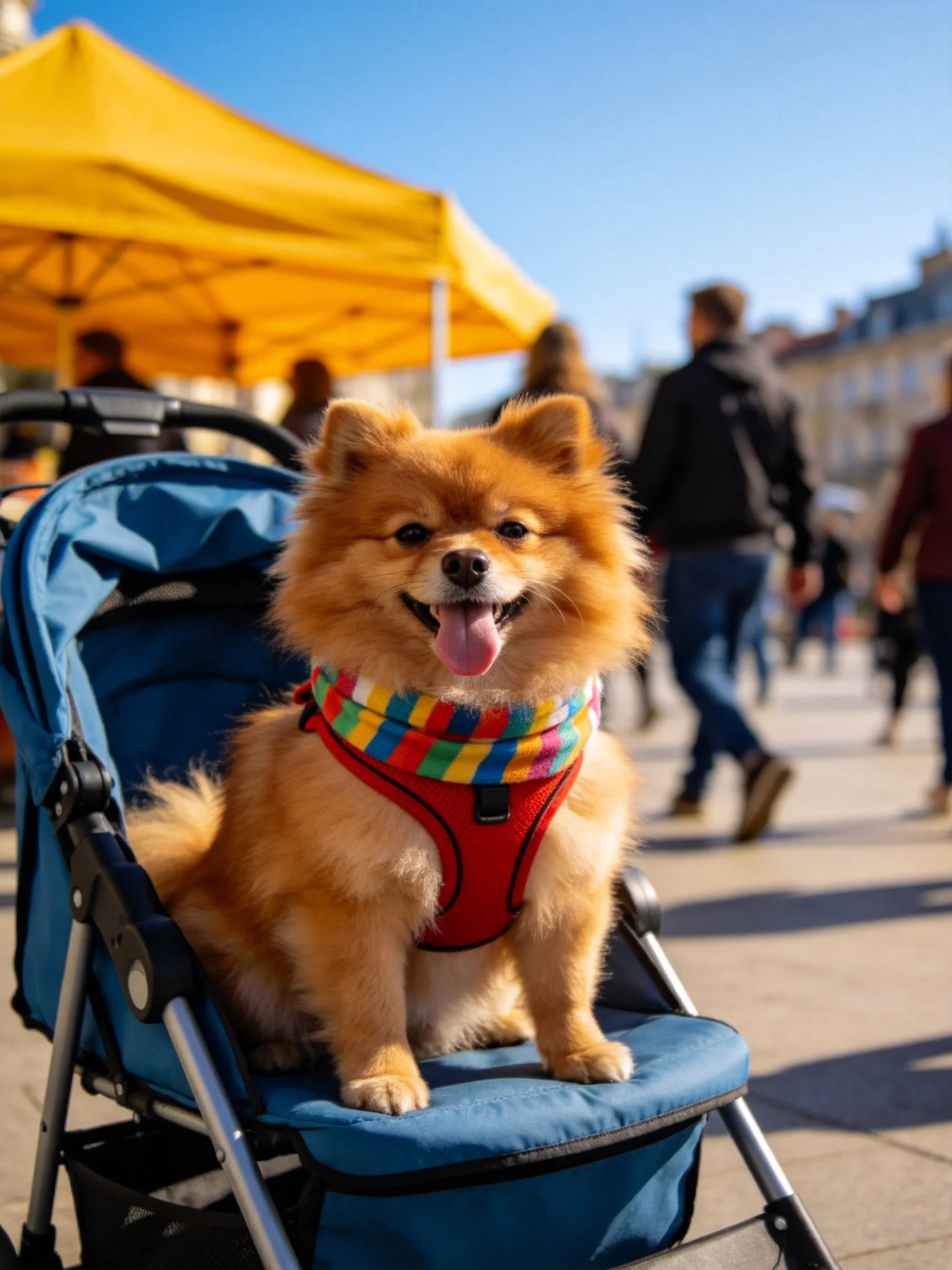 Cheerful Pomeranian in blue stroller amid bustling outdoor area.