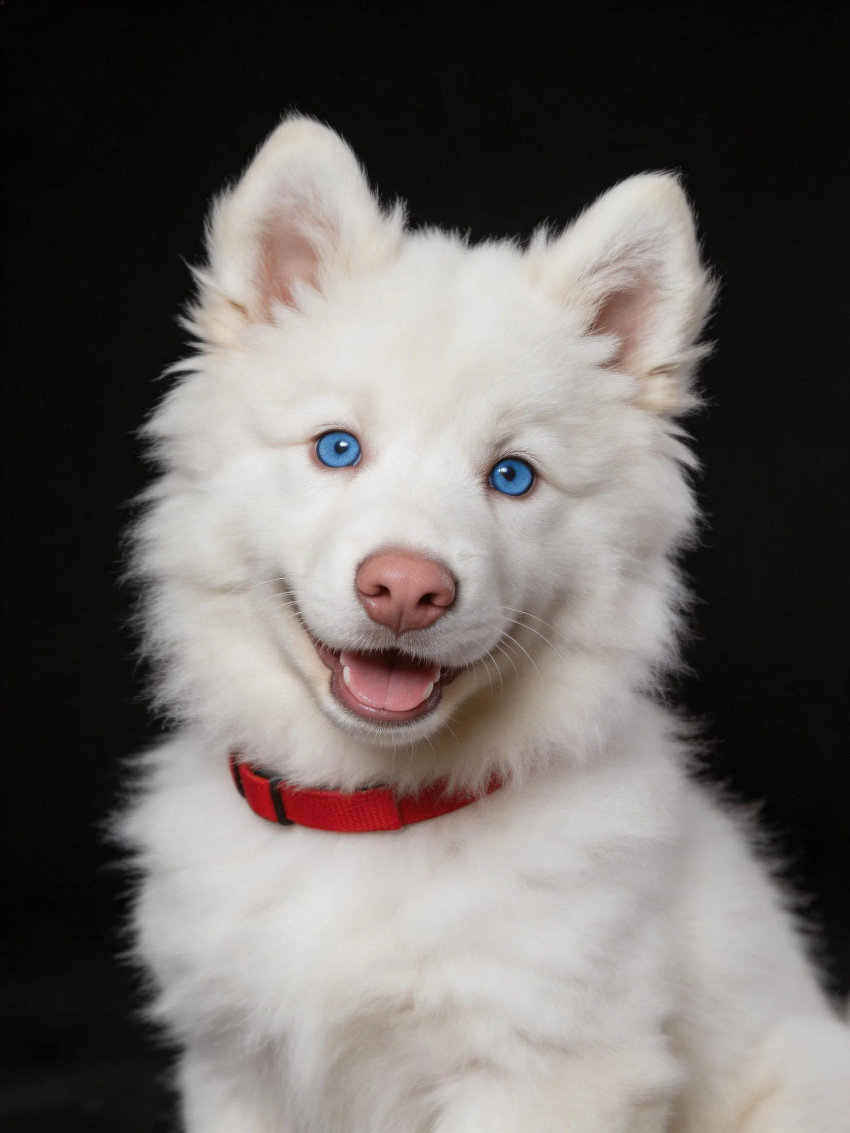 A fluffy white puppy with blue eyes and red collar poses cheerfully against a black backdrop.