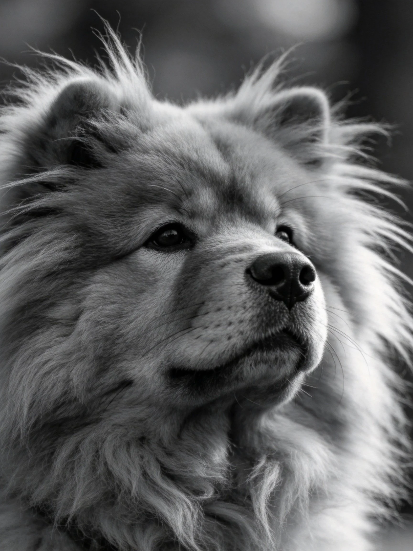Fluffy black and white Chow dog captured in close - up