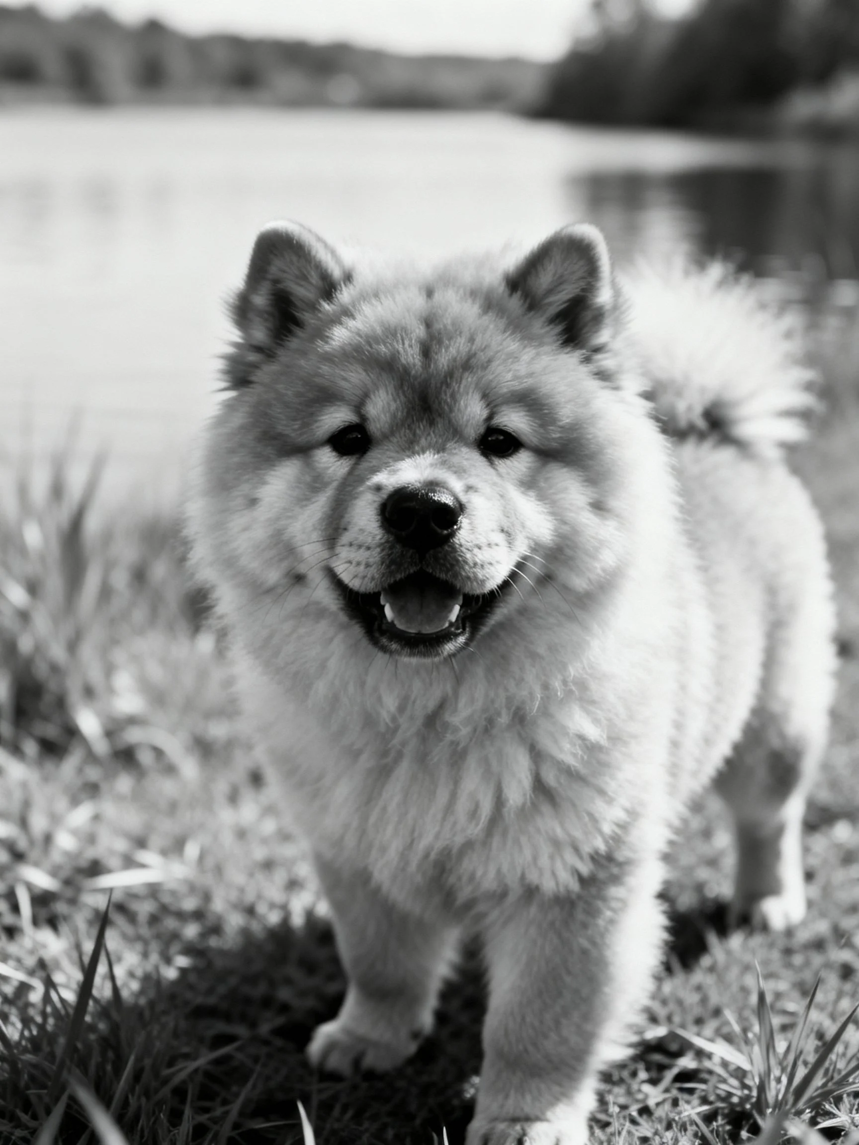A fluffy dog stands happily outdoors near water in black - and - white.