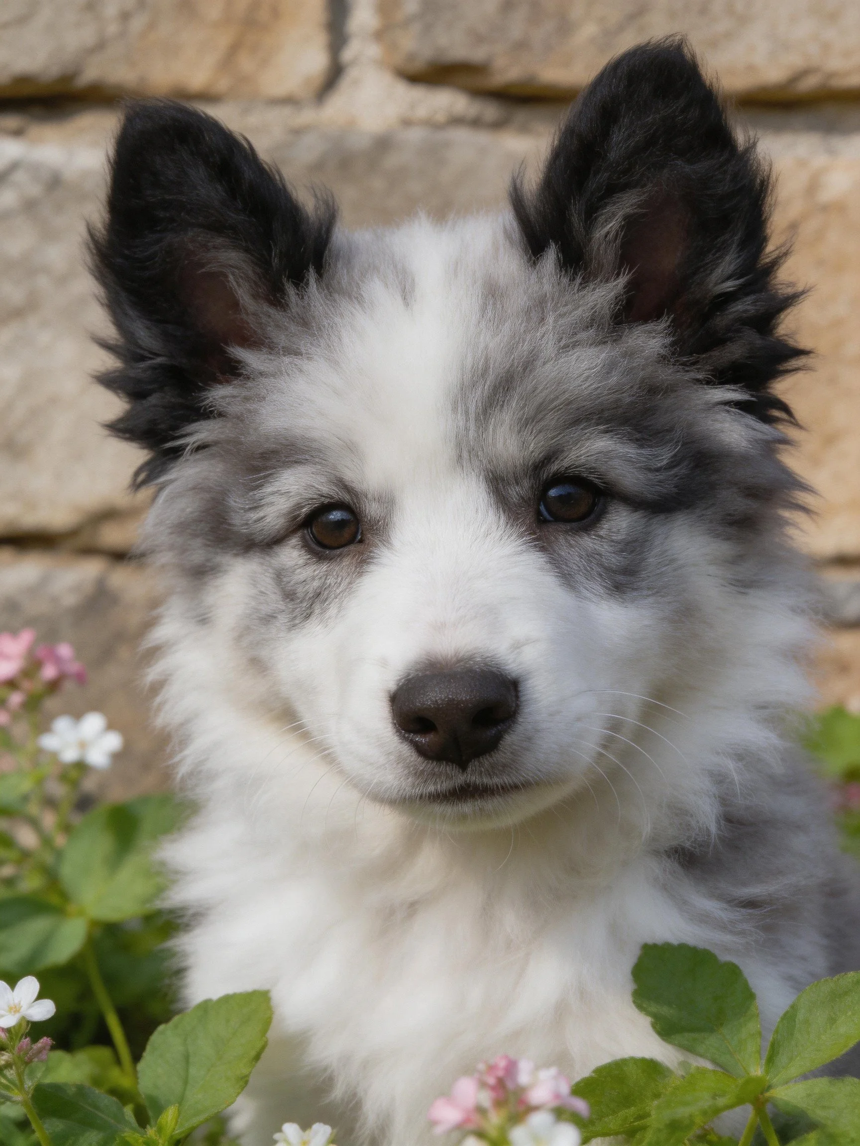A fluffy black-eared white and gray puppy sits amid flowers near a stone wall.