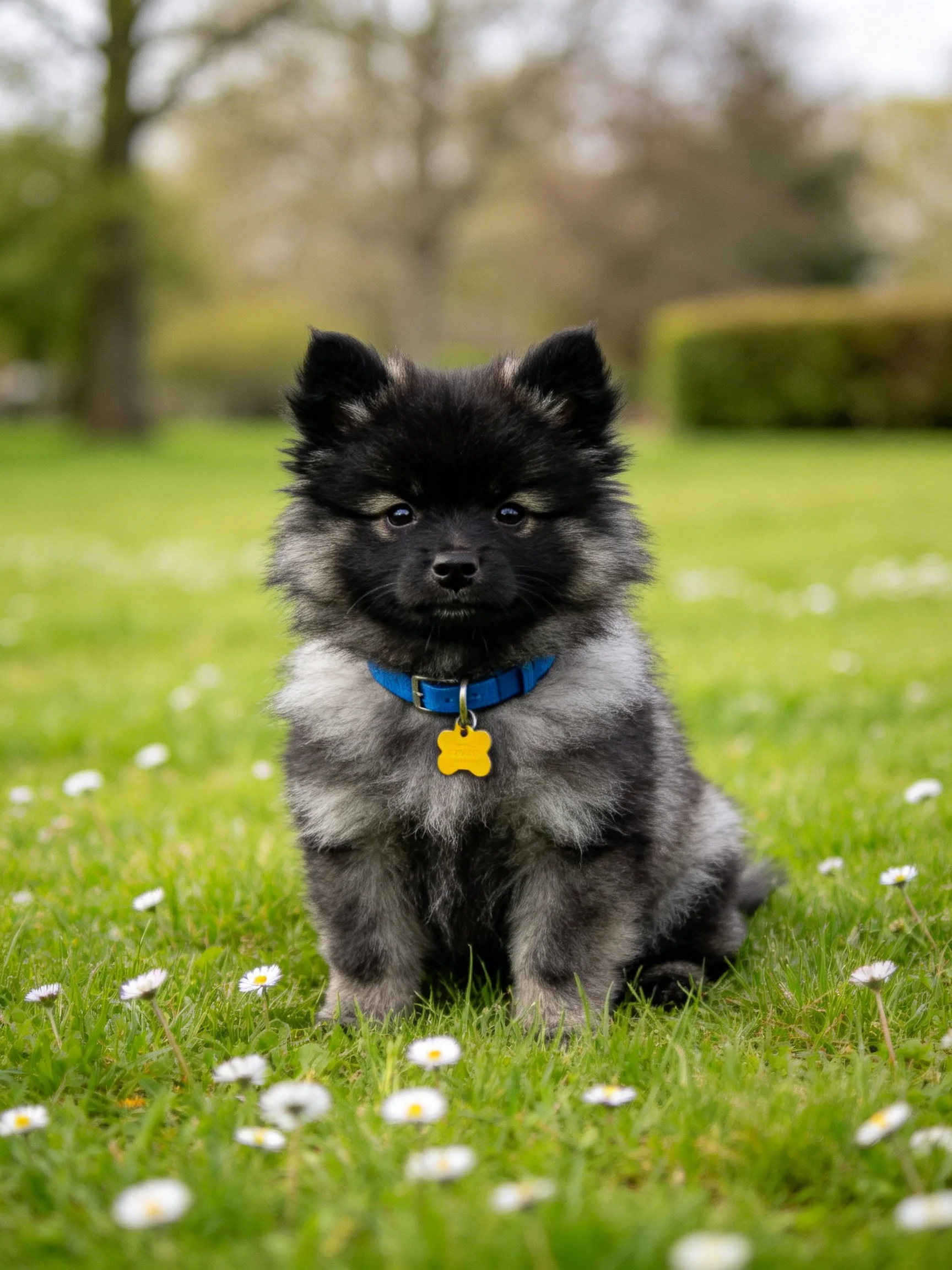 Fluffy black-gray puppy with blue collar on grass with daisies