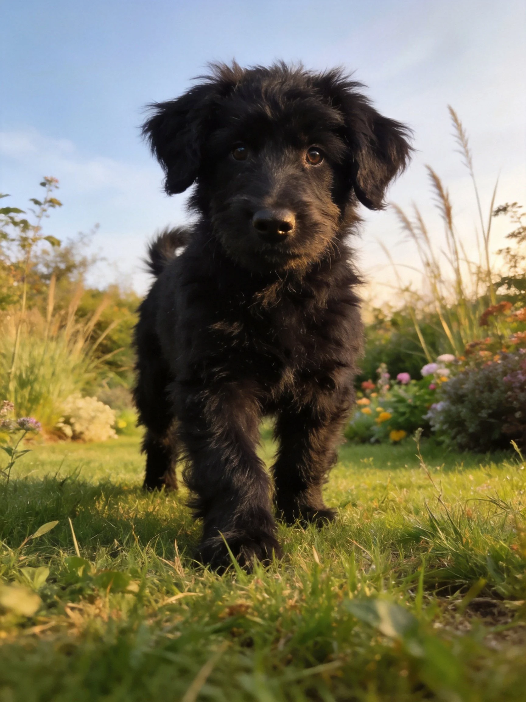 Fluffy black puppy approaches camera in sunlit garden