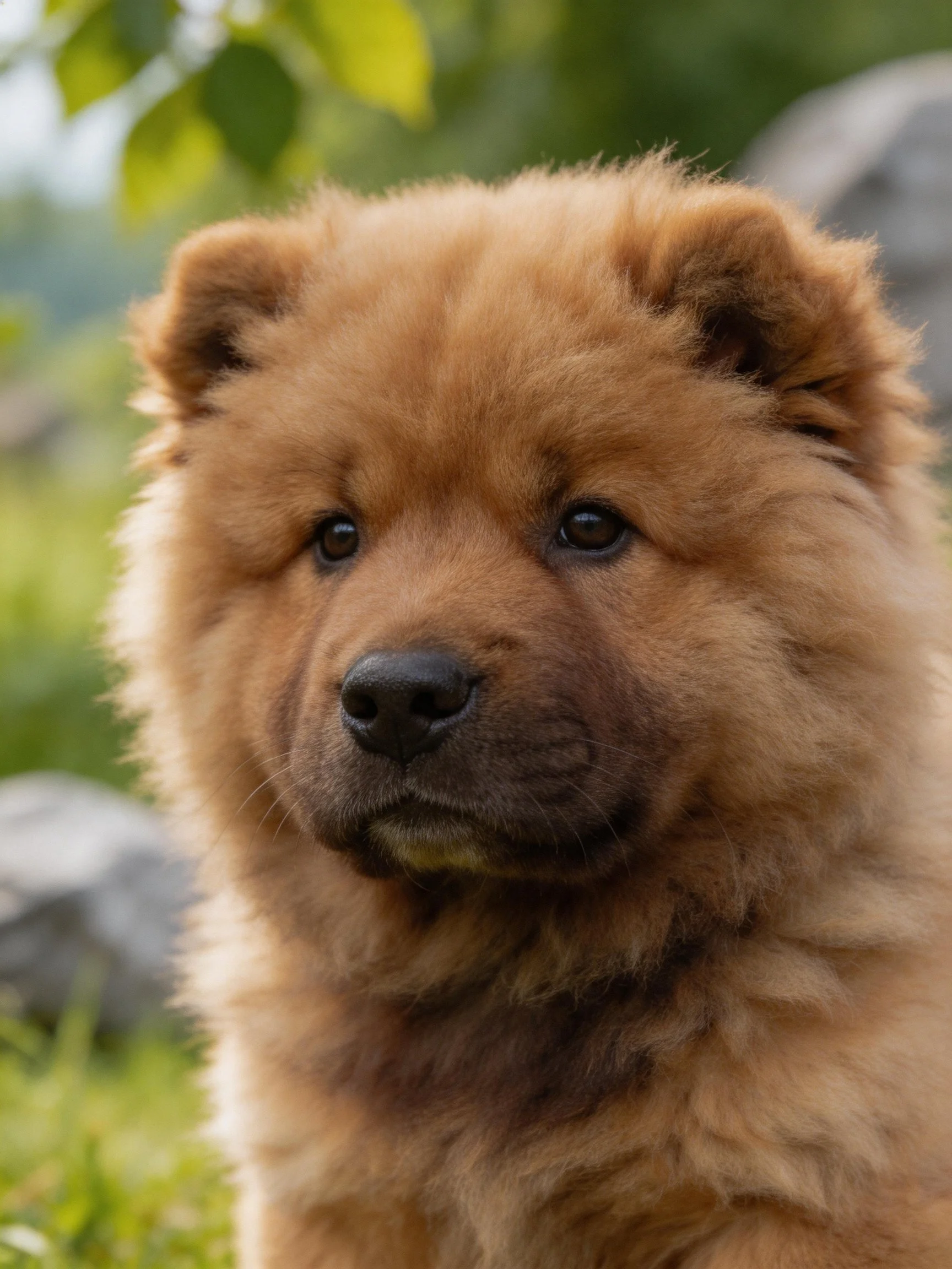 Fluffy brown Chow puppy with soft fur in nature