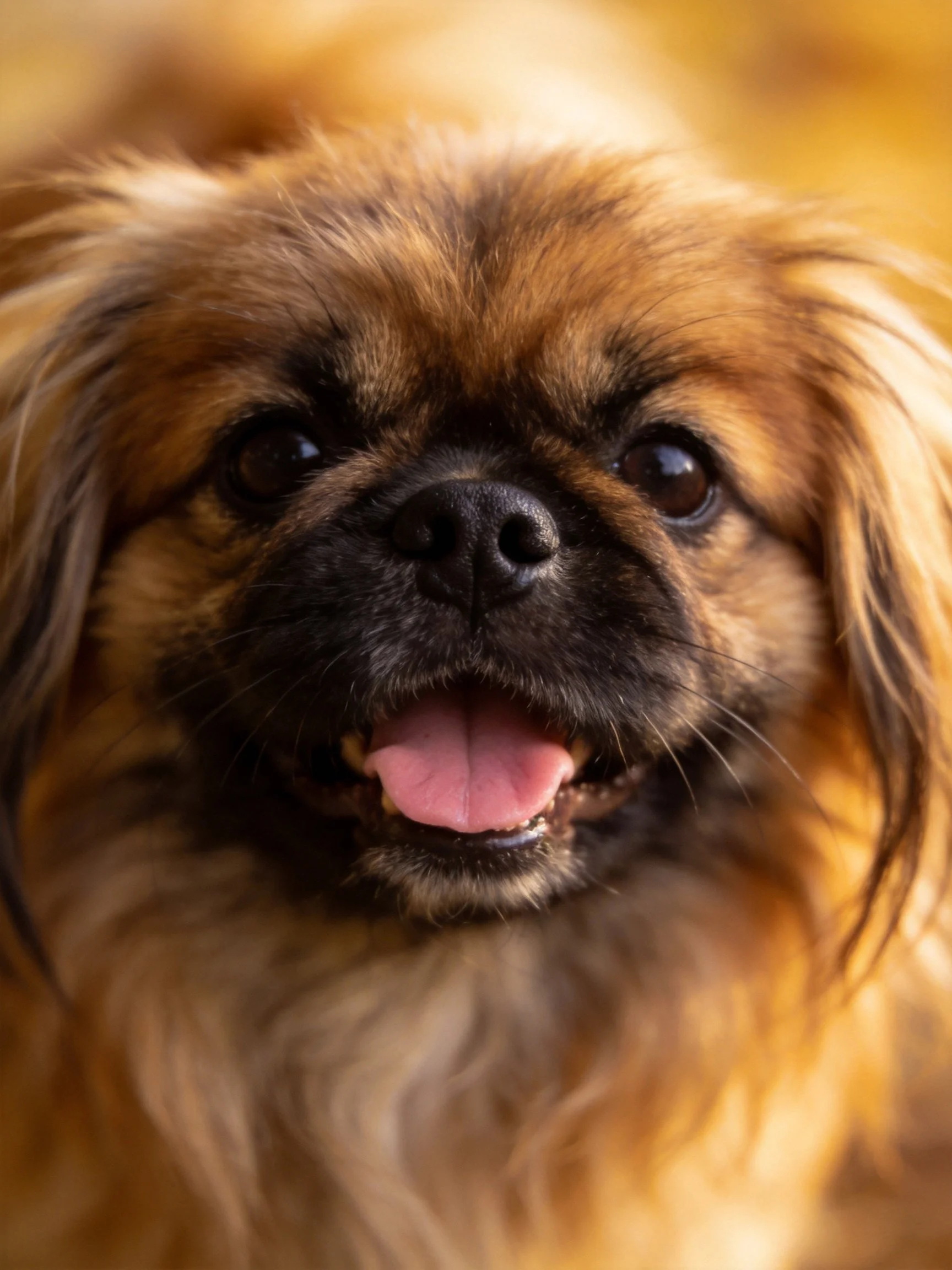 Fluffy brown Pekingese dog with dark facial markings