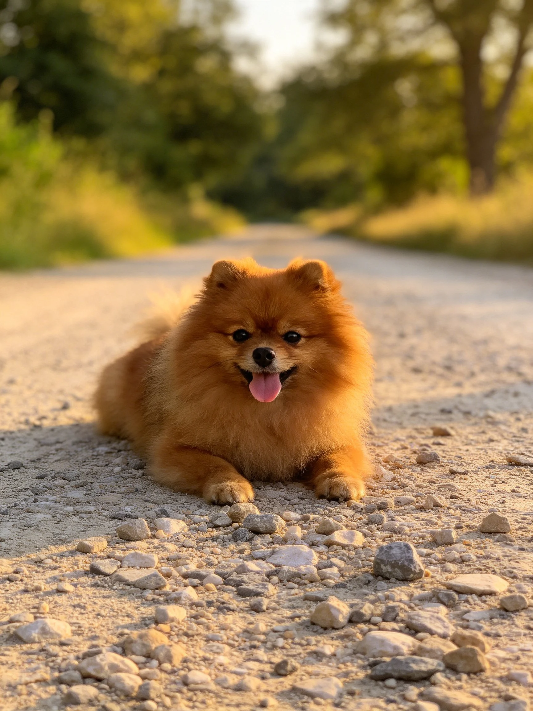 A fluffy brown dog relaxes on a gravel path with trees in the distance.
