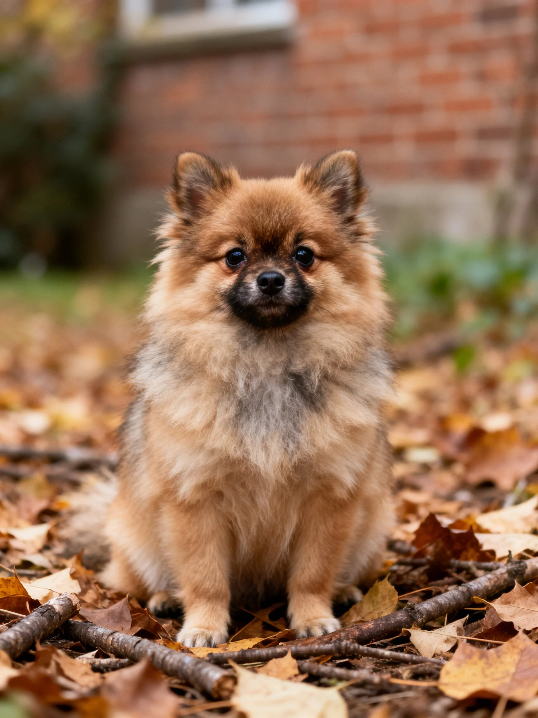 A small brown Pomeranian sits calmly among autumn leaves and twigs.