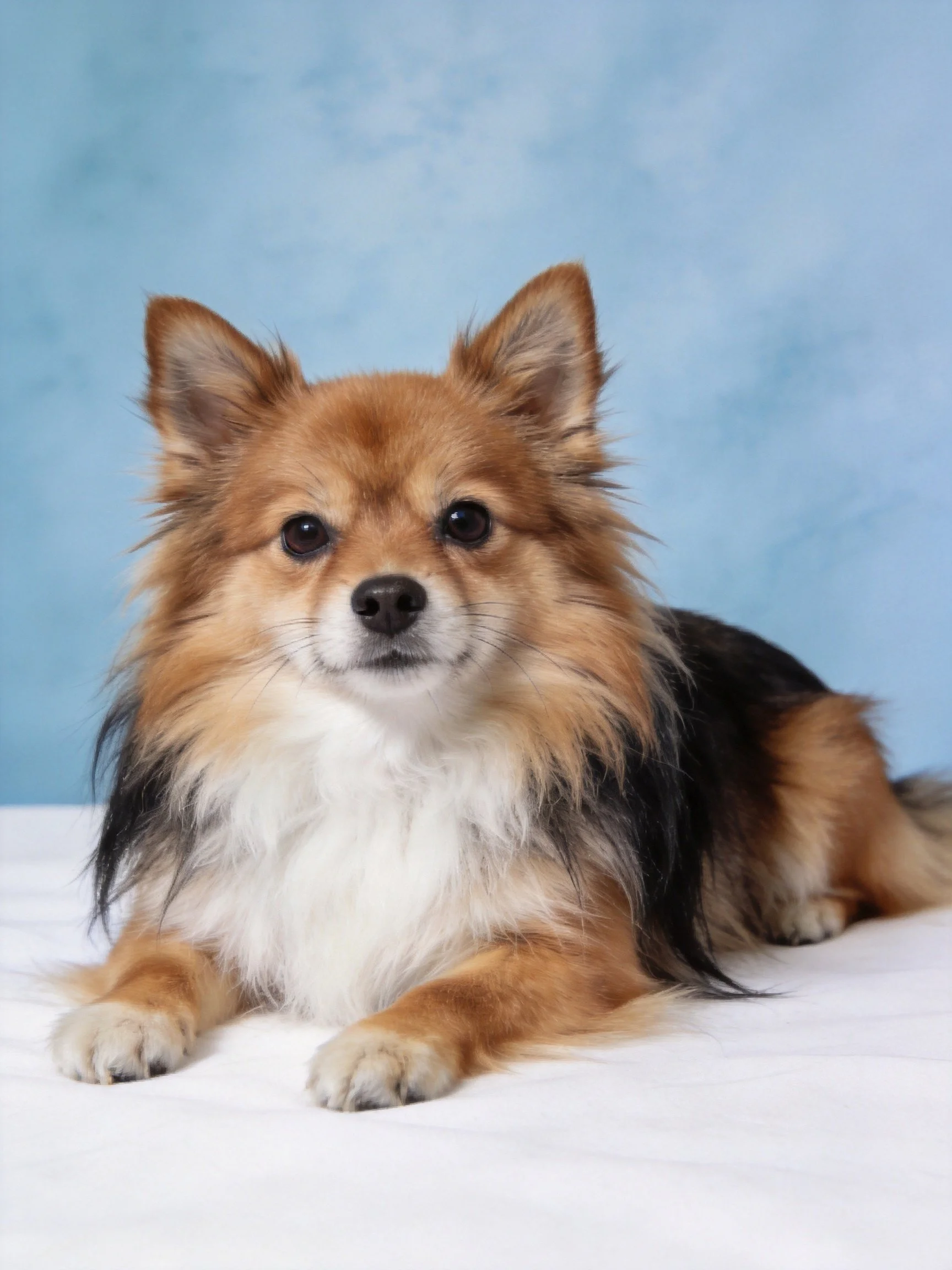 A fluffy mixed-breed dog lies calmly on a white surface with a blue backdrop.