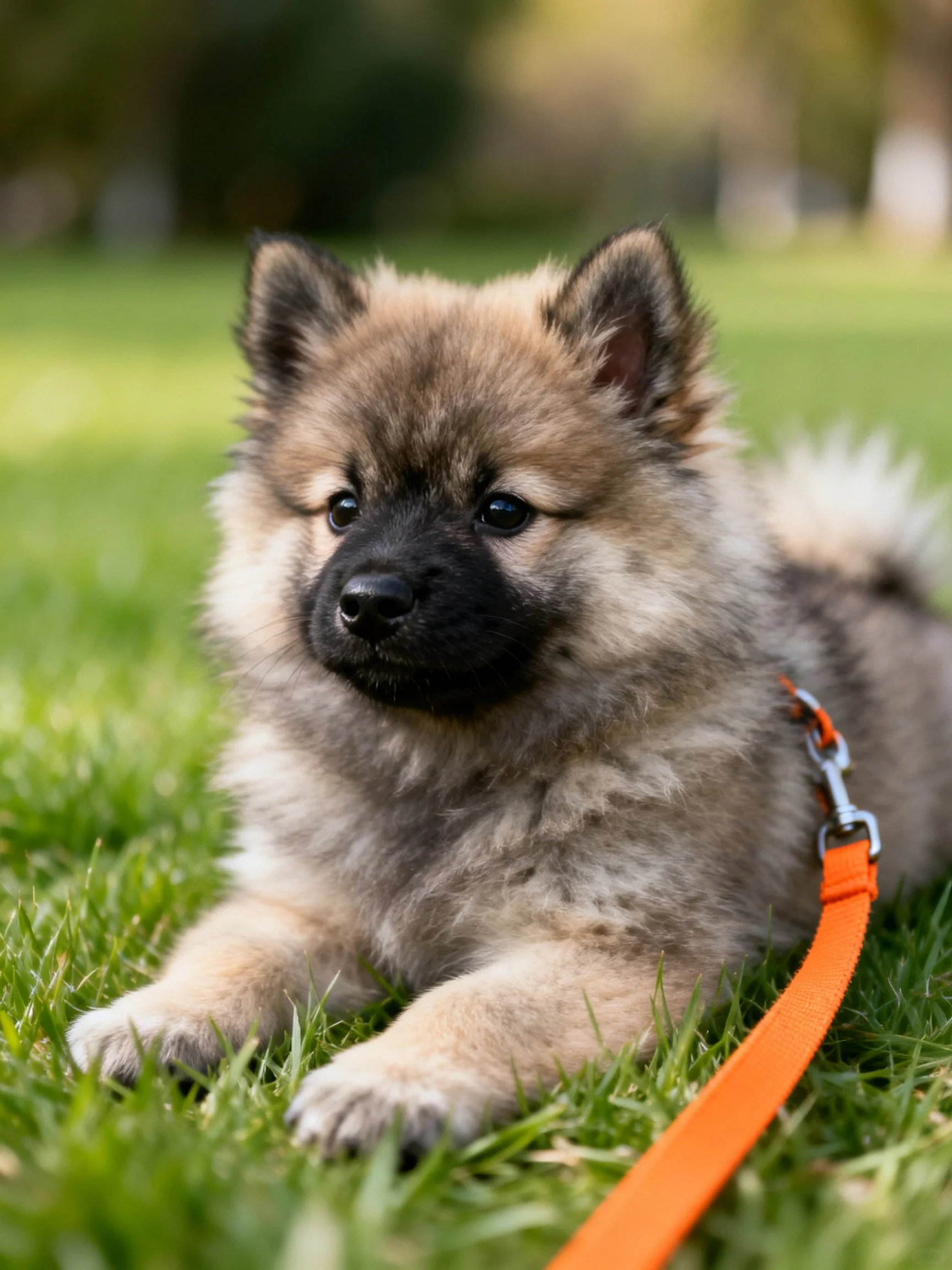 A fluffy puppy relaxes on grass beside an orange leash.