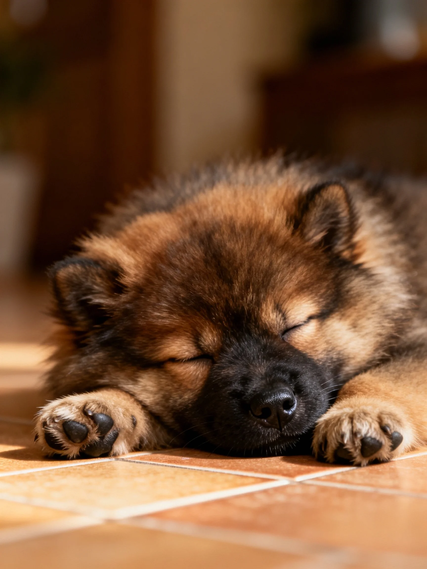 A small dog sleeps soundly on warm-toned tiled flooring in a softly lit indoor space.