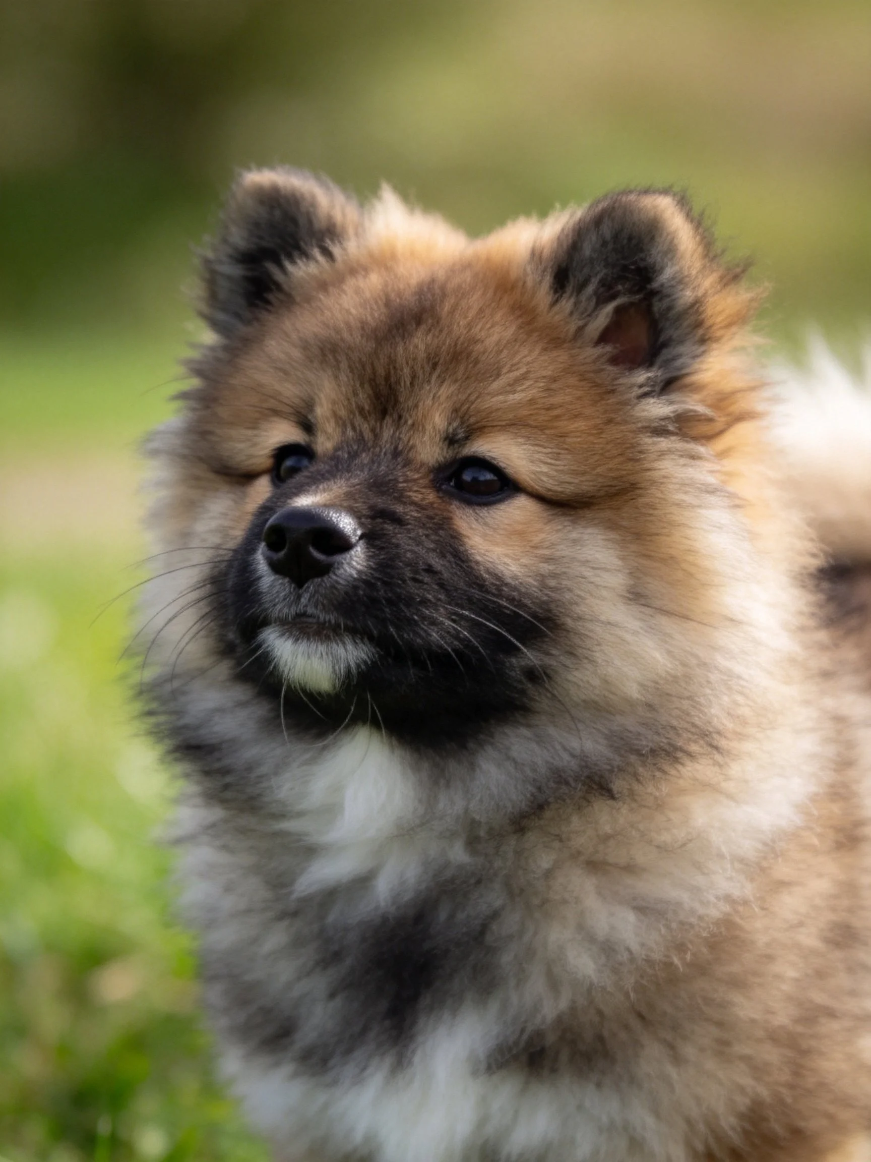 A fluffy brown and gray puppy stands outdoors with a blurred green background.