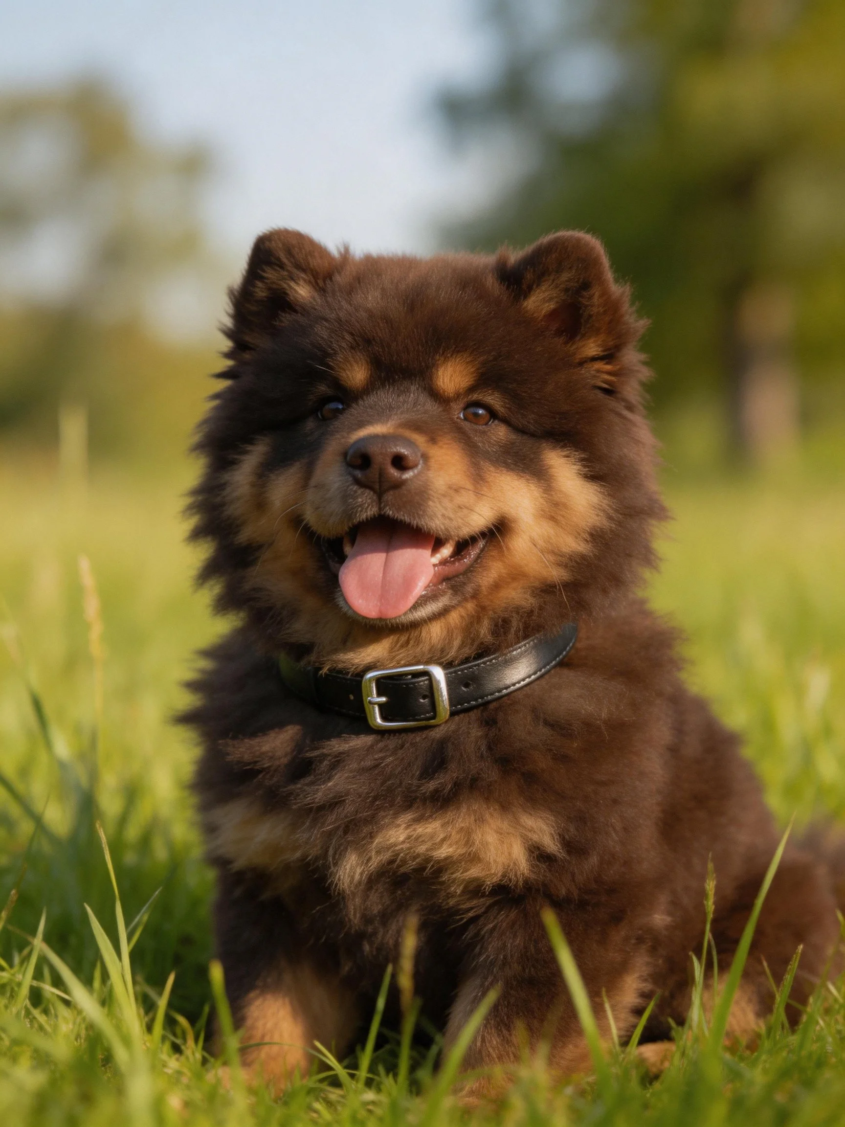 A fluffy brown and tan puppy relaxes in sunlit grass.