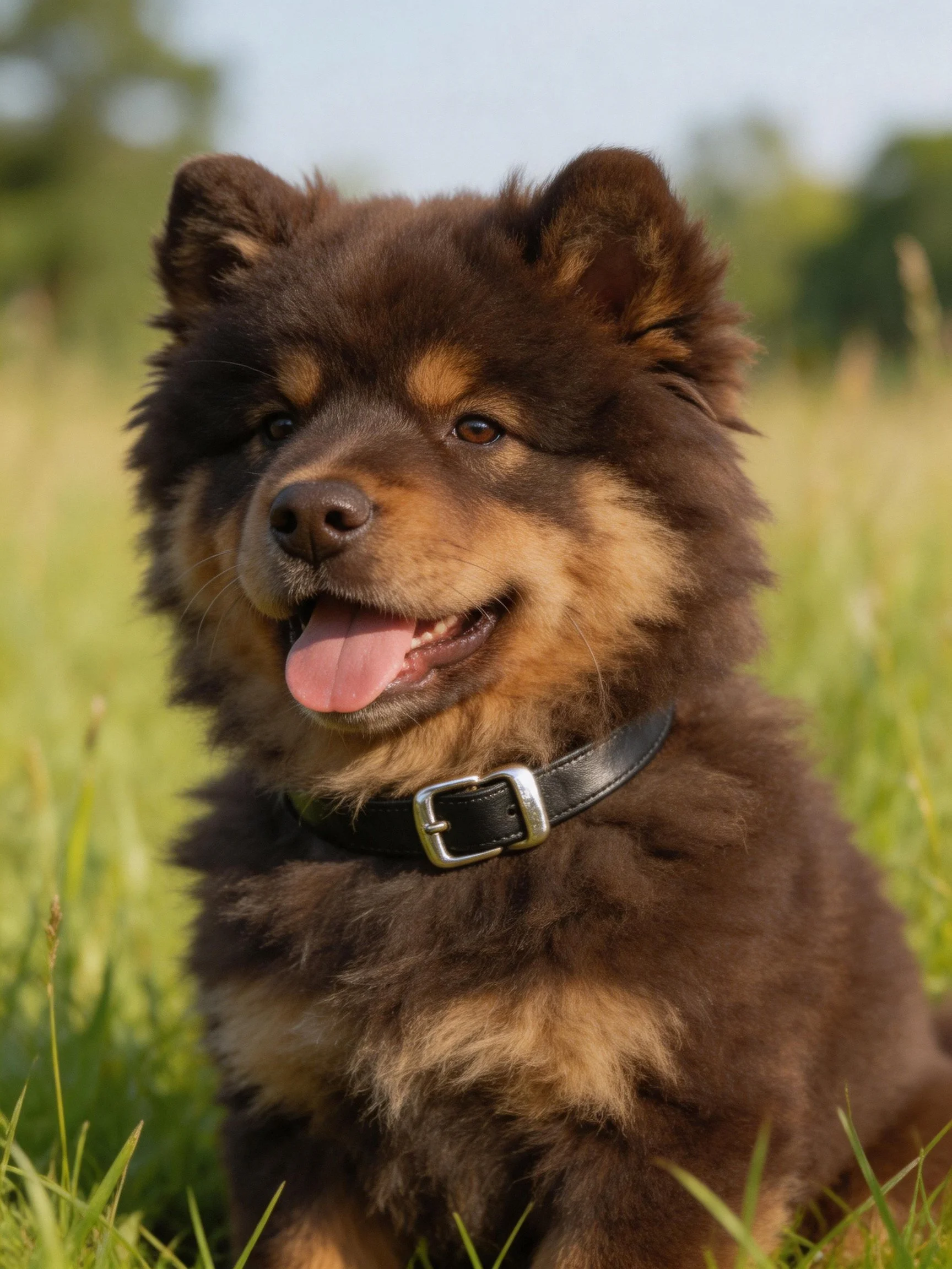 Brown and tan puppy with black collar sits happily in grassy outdoor space