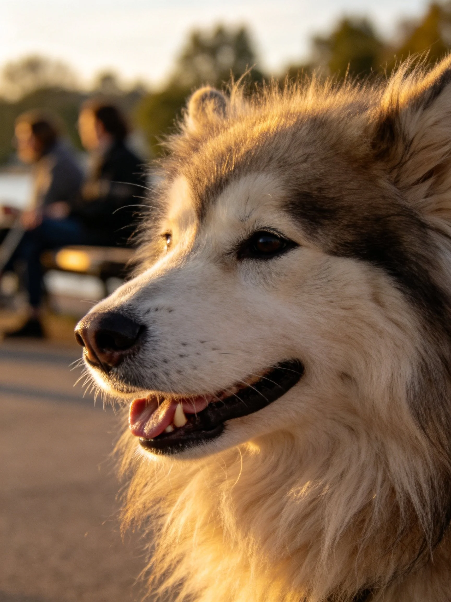 Fluffy brown and white dog bathed in golden sunset light