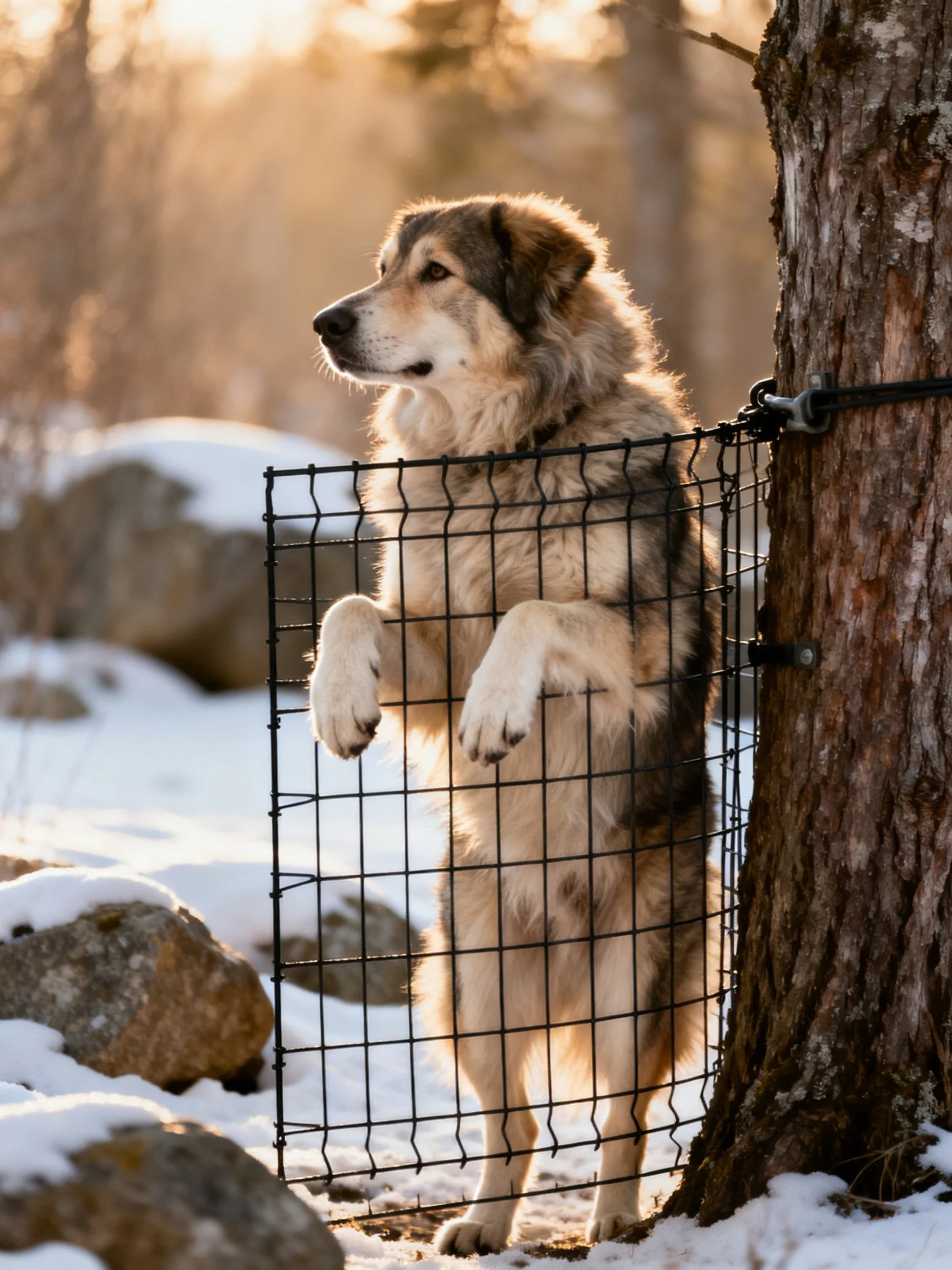 Fluffy brown-and-white dog behind black wire fence near tree