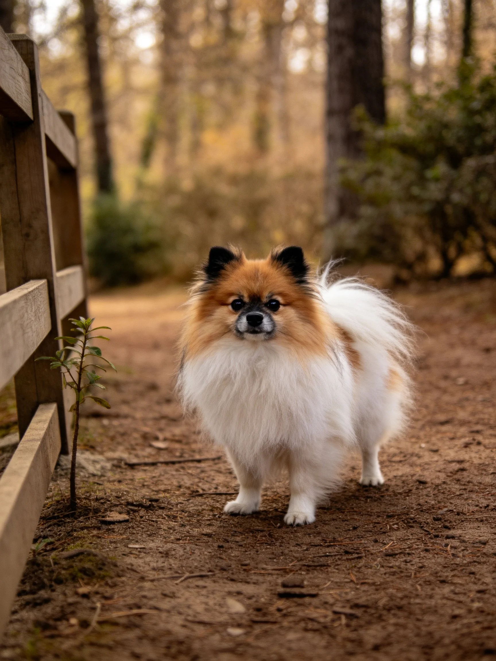 A fluffy brown-and-white dog stands on a dirt path in a wooded area.