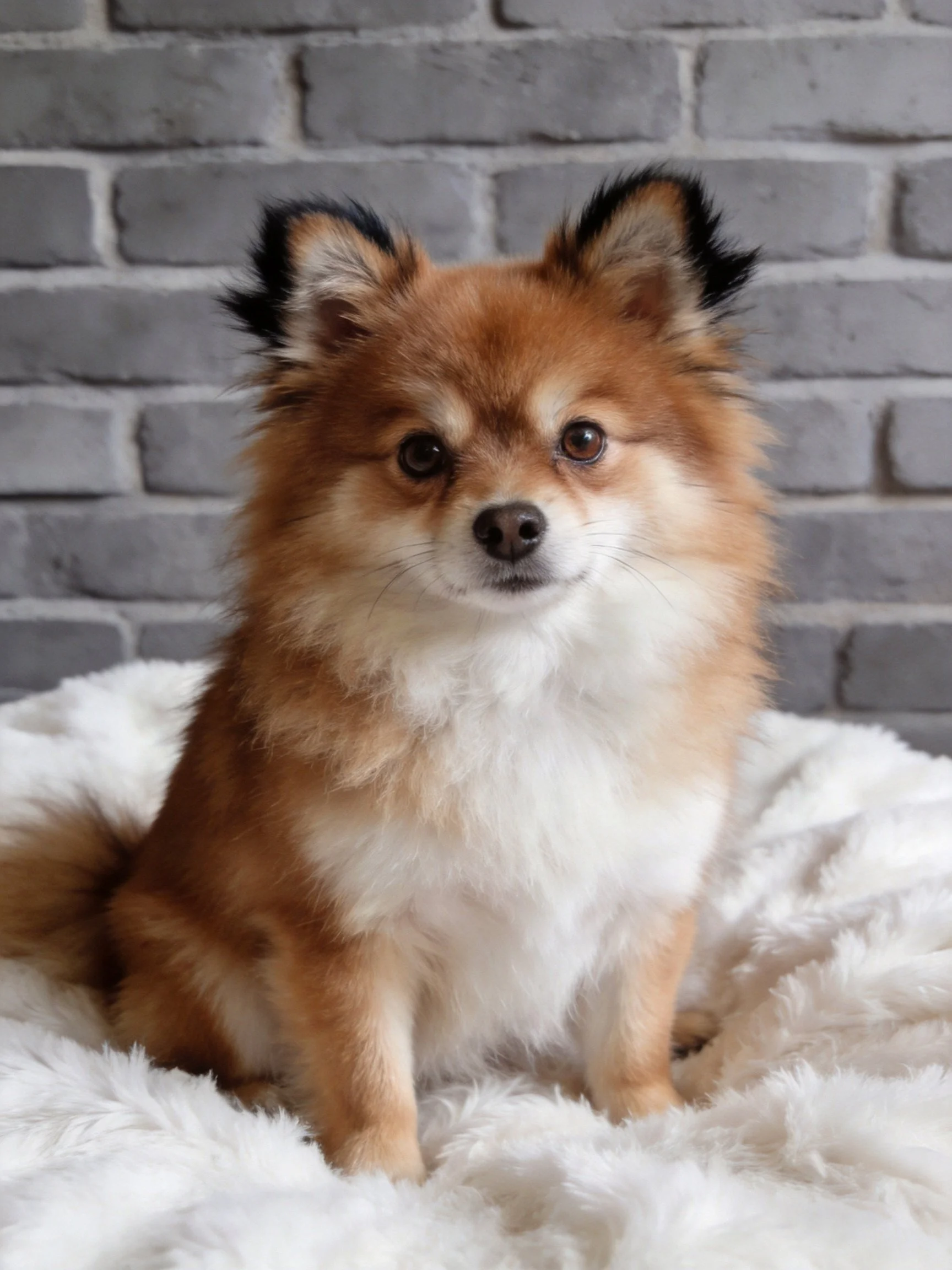 Fluffy brown and white dog sits on white blanket before gray brick wall.