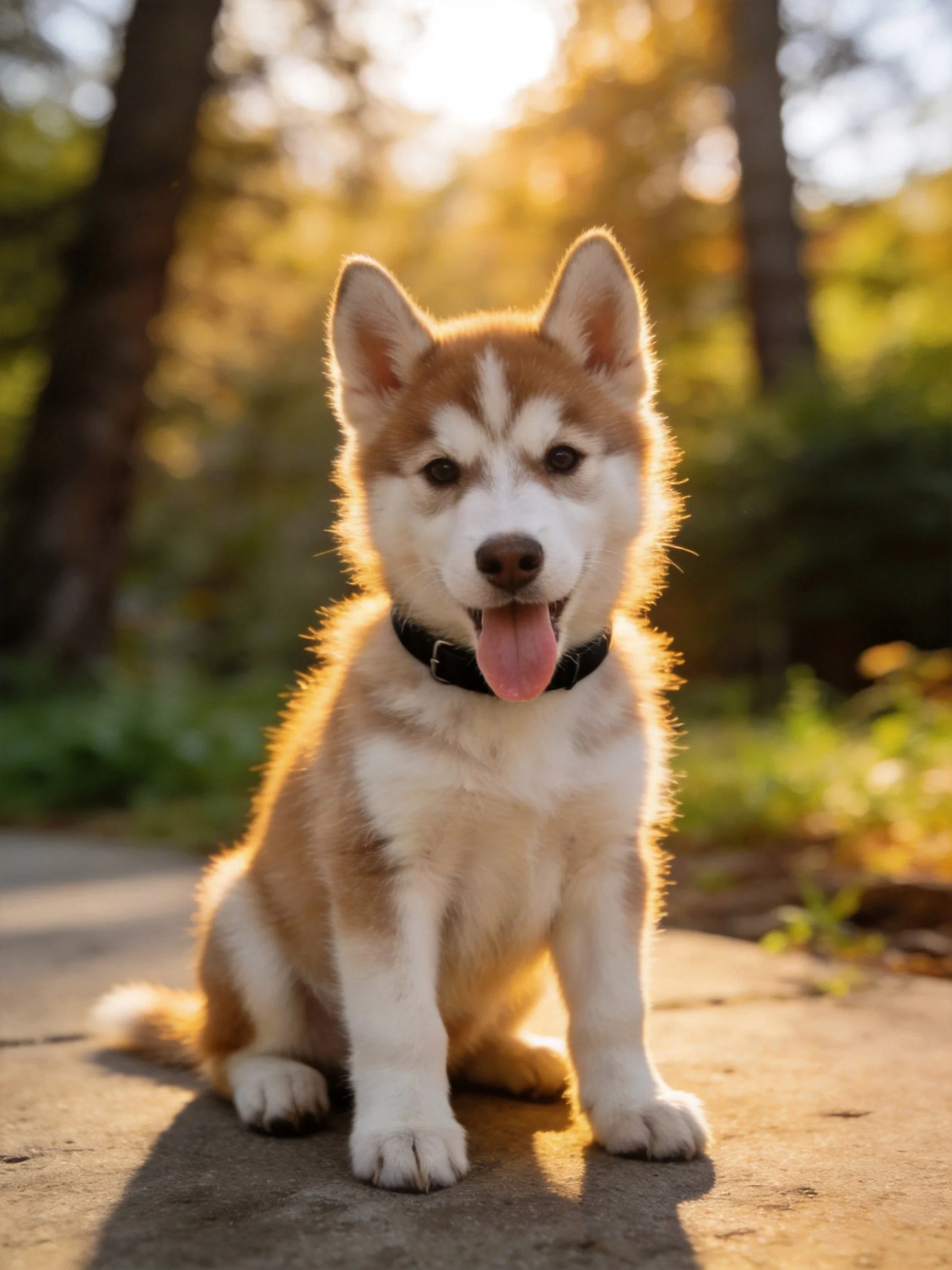 A fluffy brown and white husky puppy sits calmly outdoors during golden hour