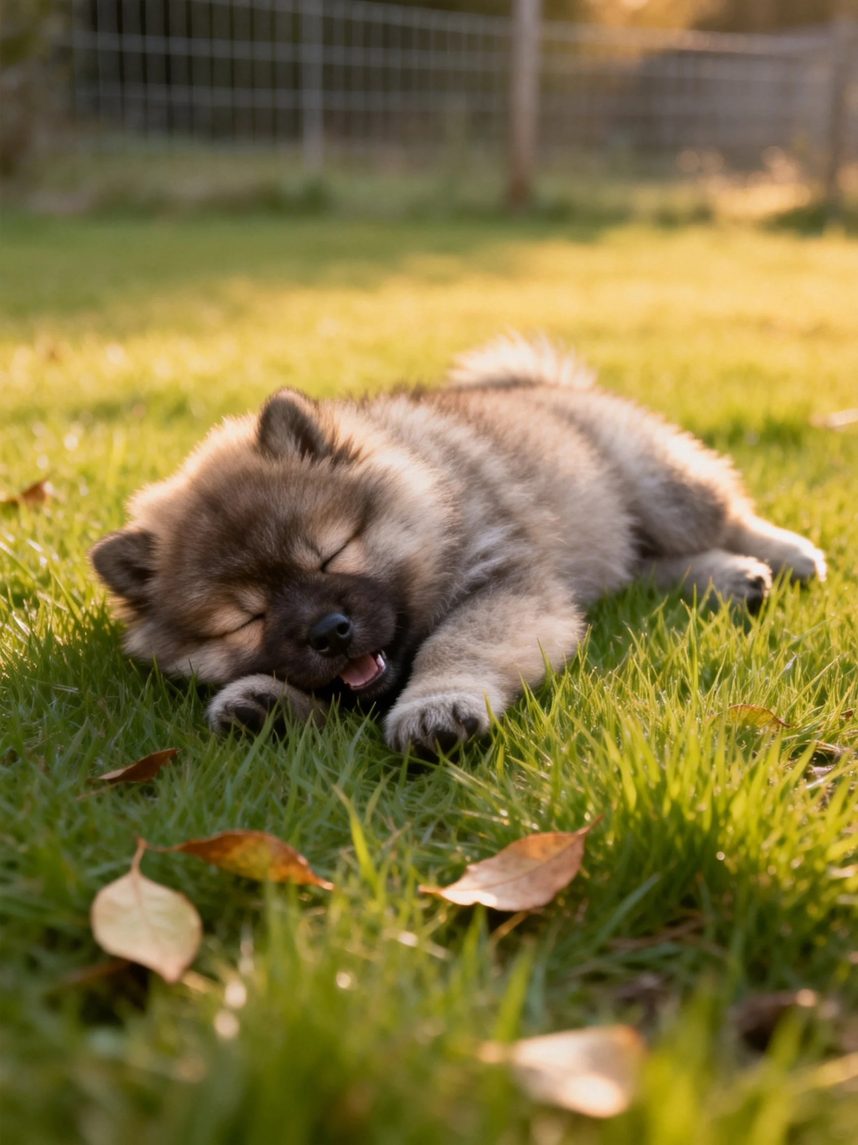 A fluffy puppy sleeps contentedly on green grass.