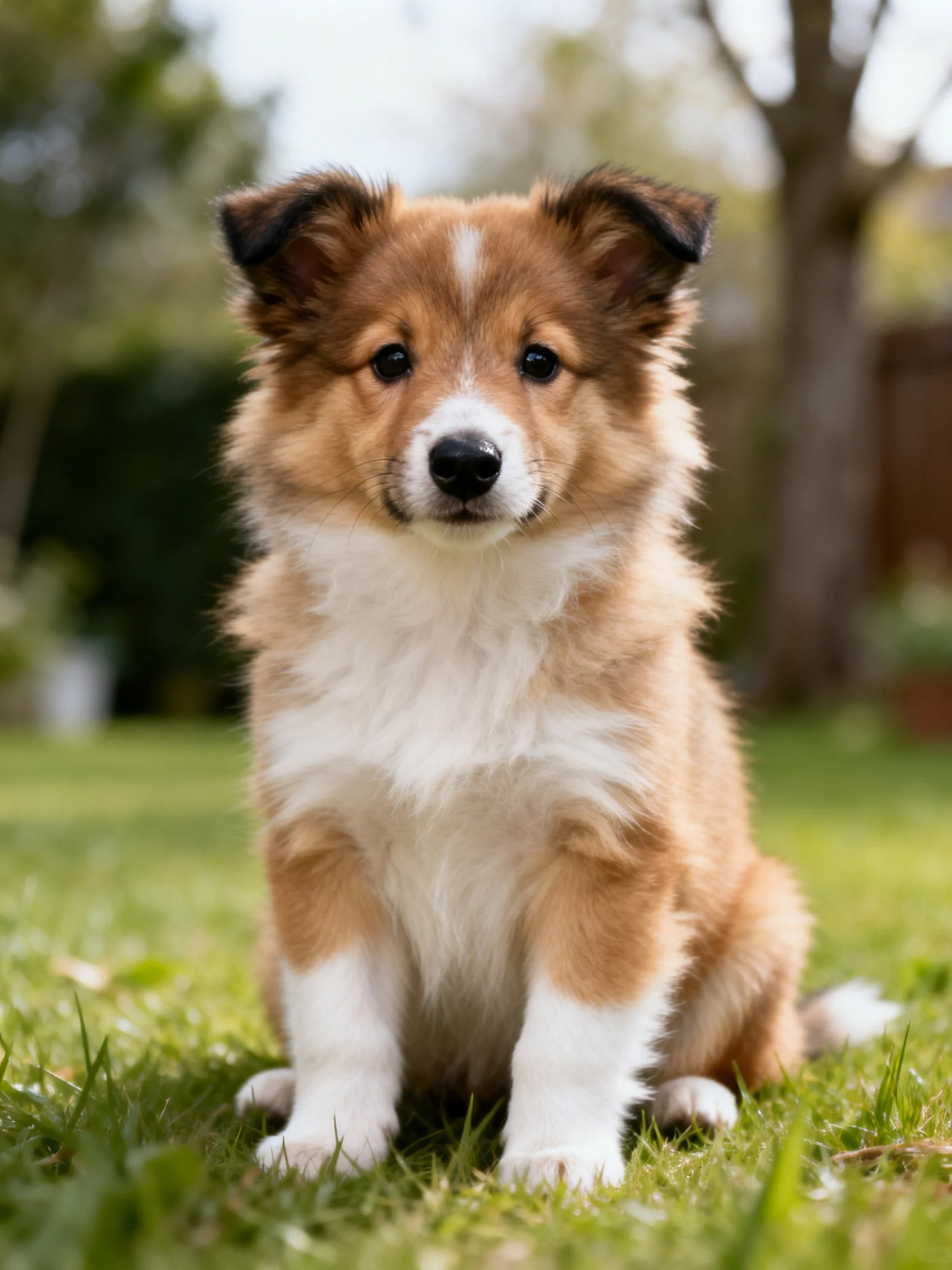 A brown and white puppy sits calmly on grass in a sunny outdoor setting.