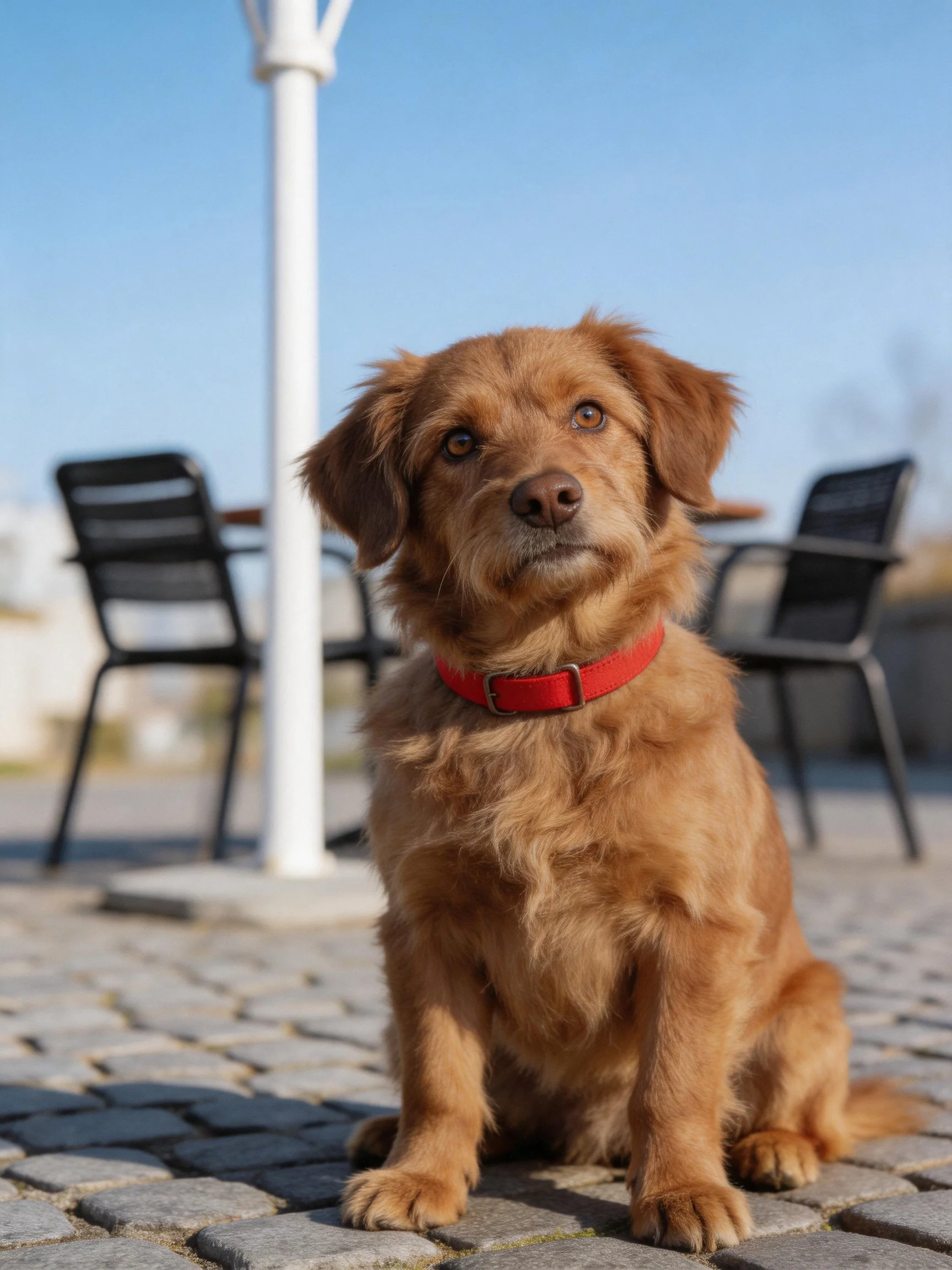 Fluffy brown dog with red collar on cobblestone pavement