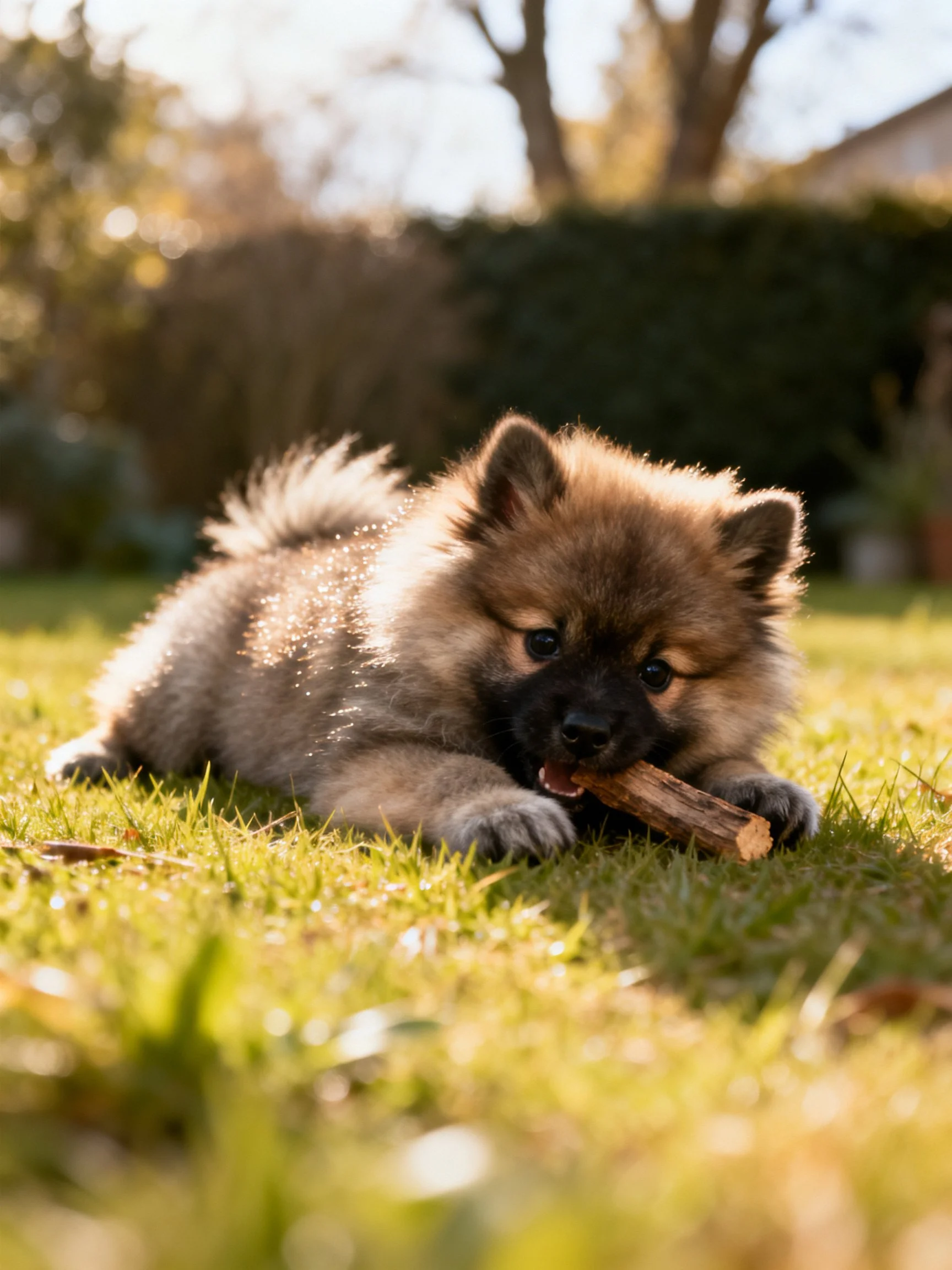 Fluffy brown puppy plays with wooden stick on grass in a sunlit outdoor space.