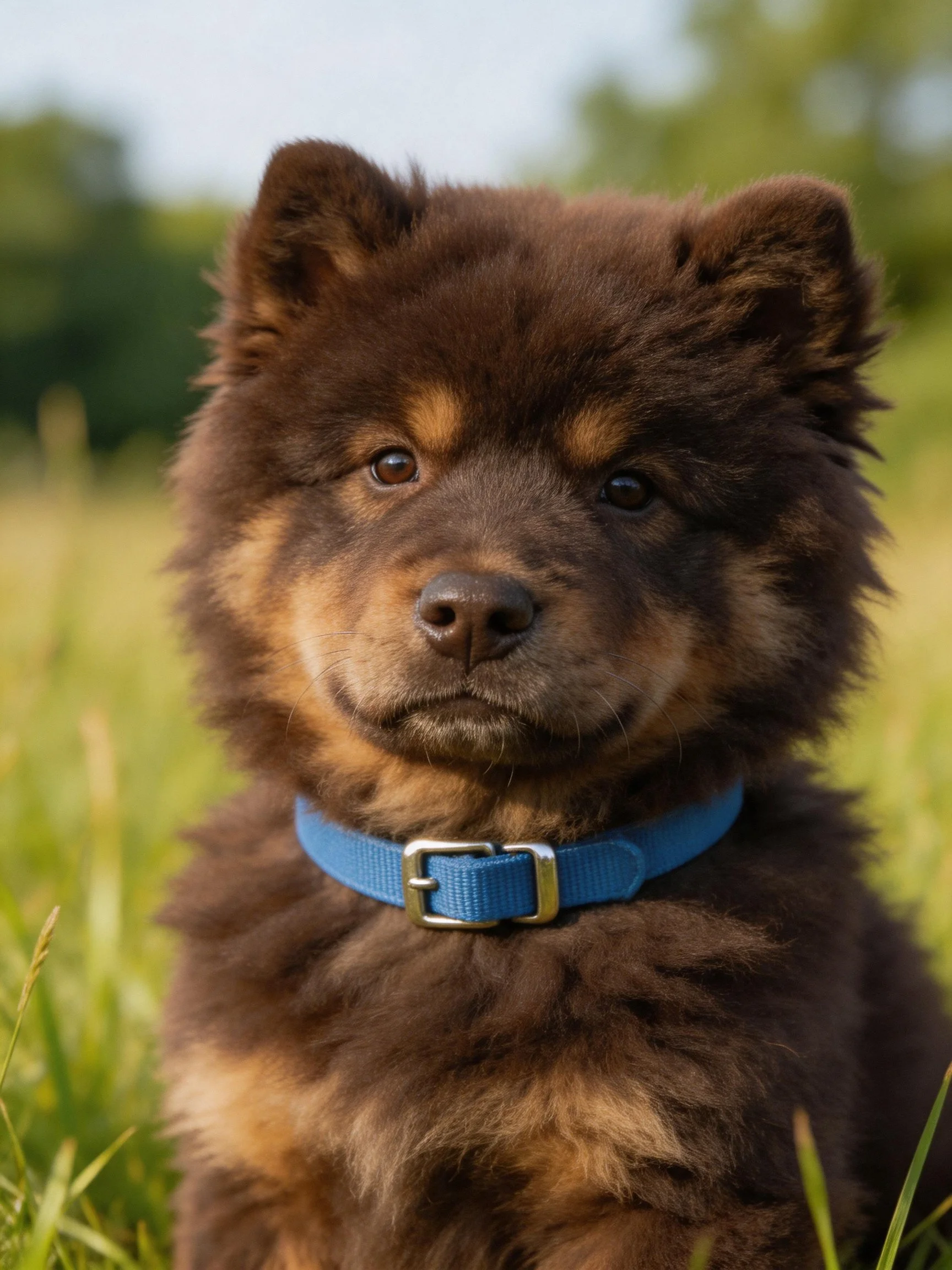 A fluffy brown puppy with a blue collar is in a grassy outdoor area.