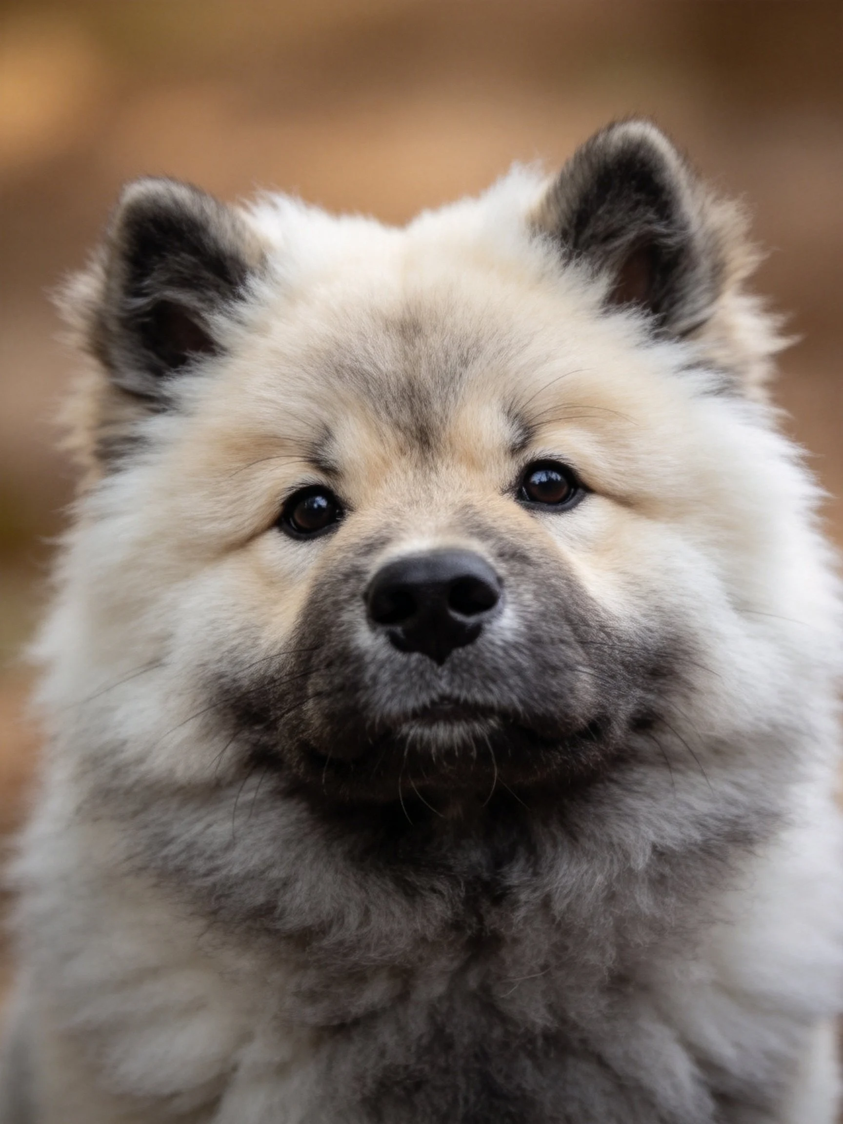 A fluffy cream and gray dog with dark ears gazes directly at the viewer.