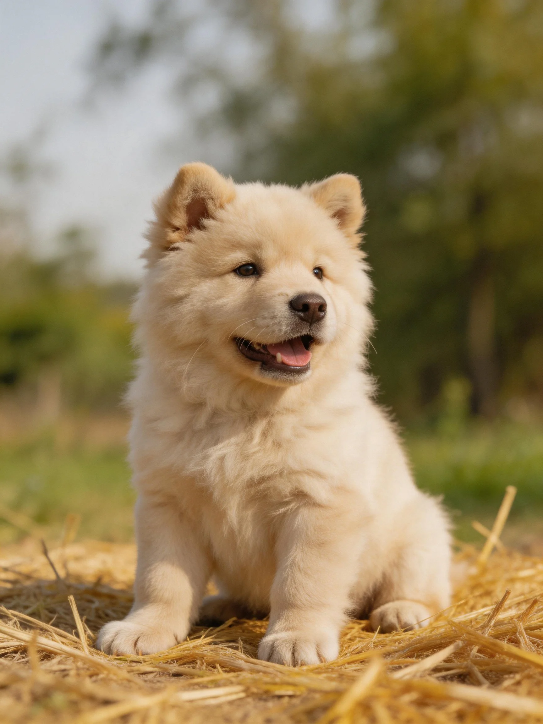 Cream - colored puppy sits on straw in a sunlit outdoor setting.
