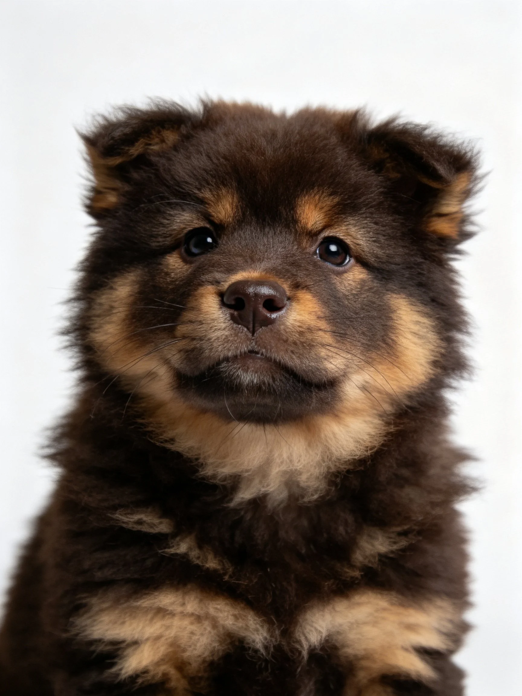 Fluffy dark brown and tan puppy with expressive eyes