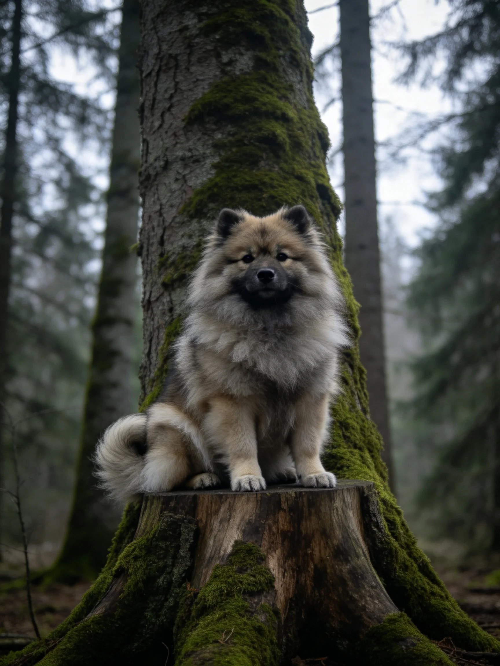 A fluffy dog sits on a mossy tree stump in a misty forest setting.