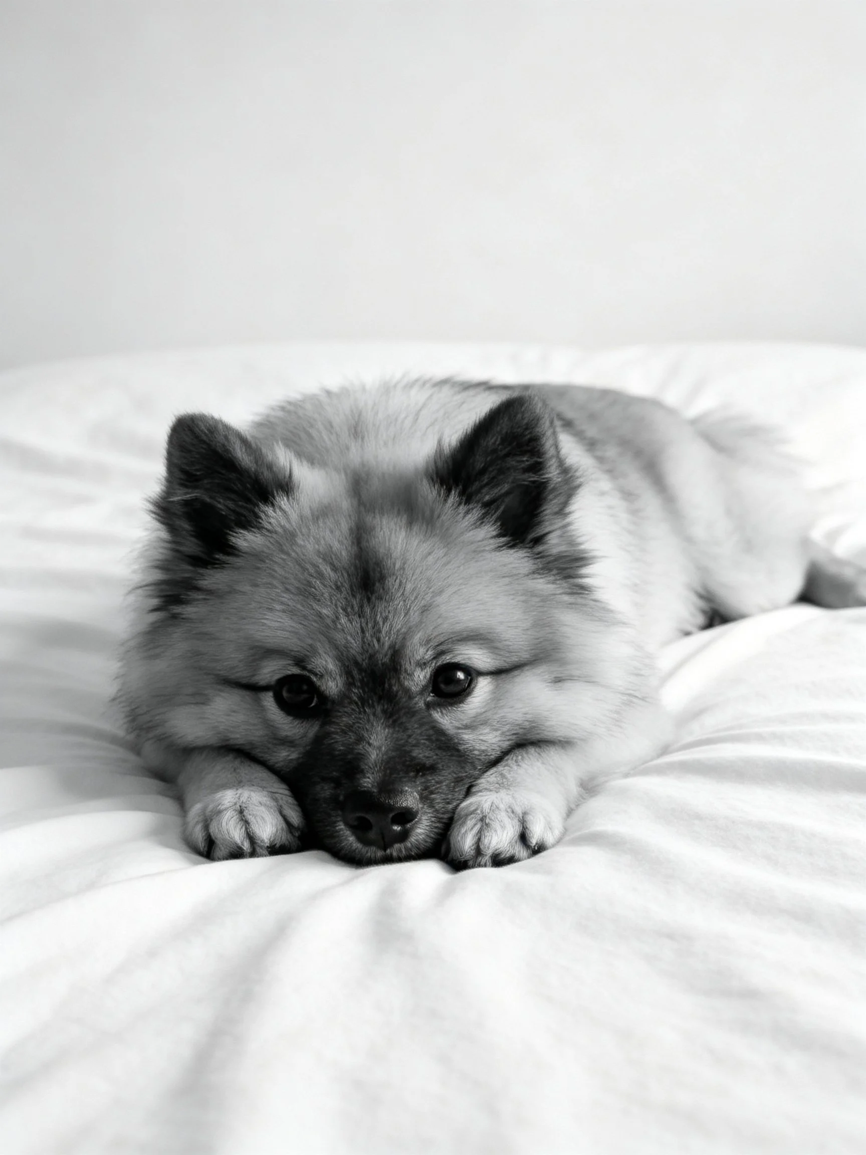 A fluffy dog relaxes on white bedding in a monochromatic scene.