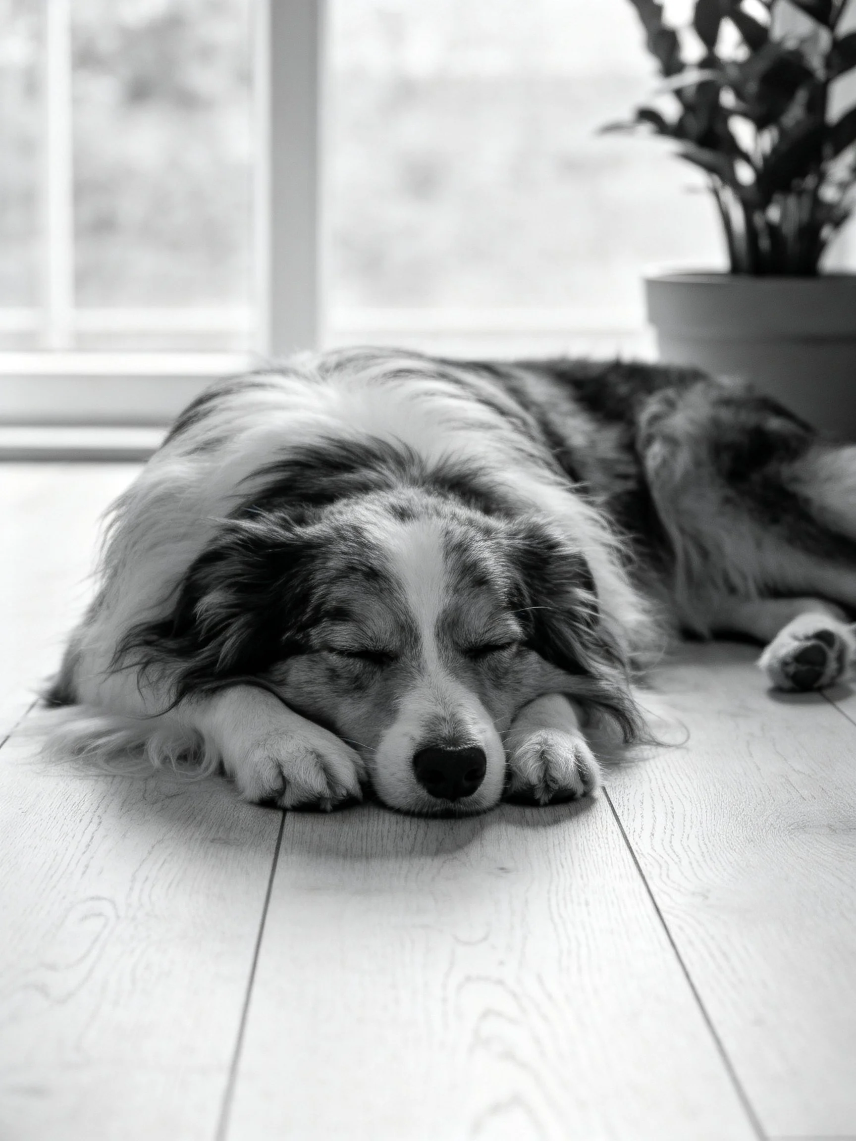 A dog sleeps on a wooden floor next to a potted plant.
