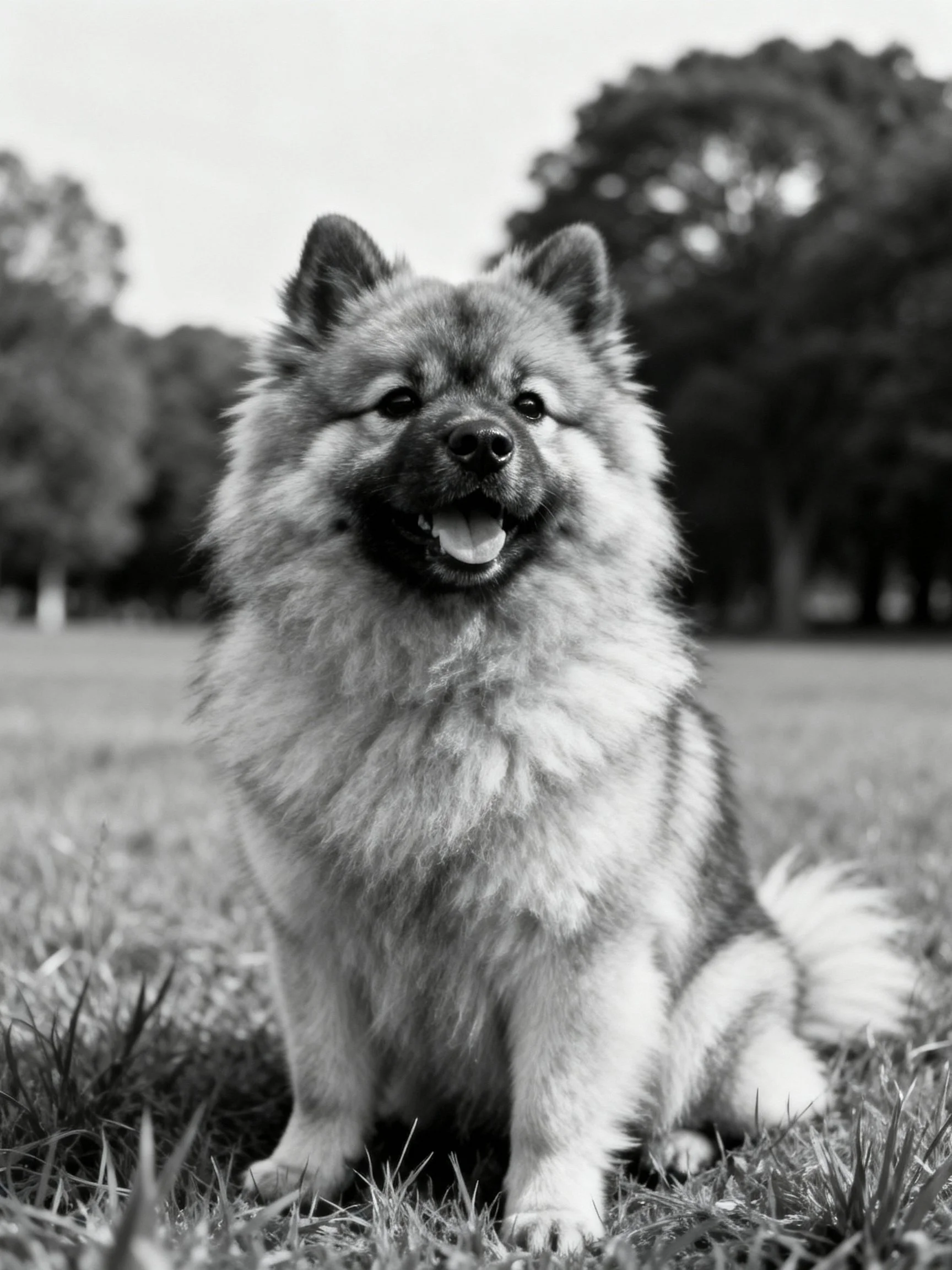 Fluffy dog sits contentedly on grass near trees