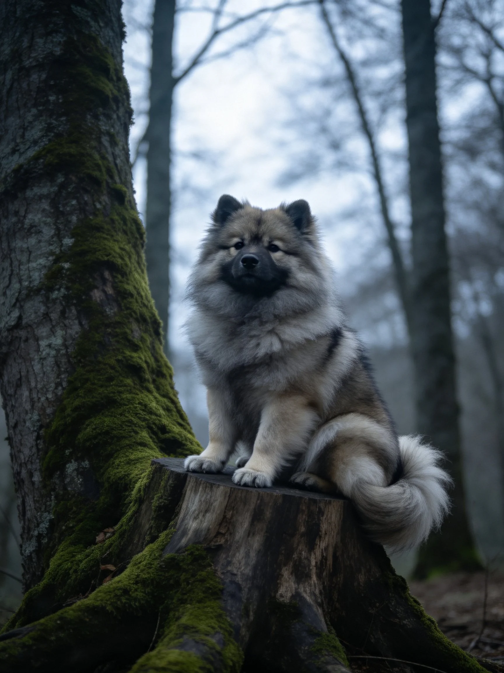 Fluffy dog sits on mossy tree stump in misty forest
