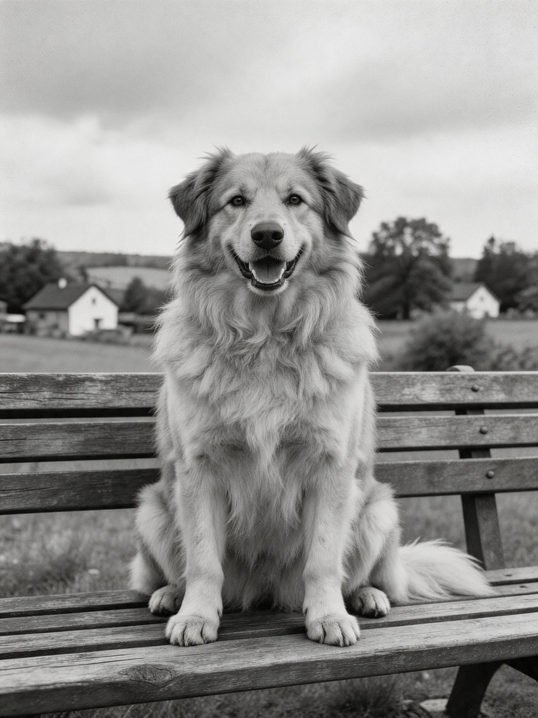 A fluffy dog sits calmly on a wooden bench in a rural setting.