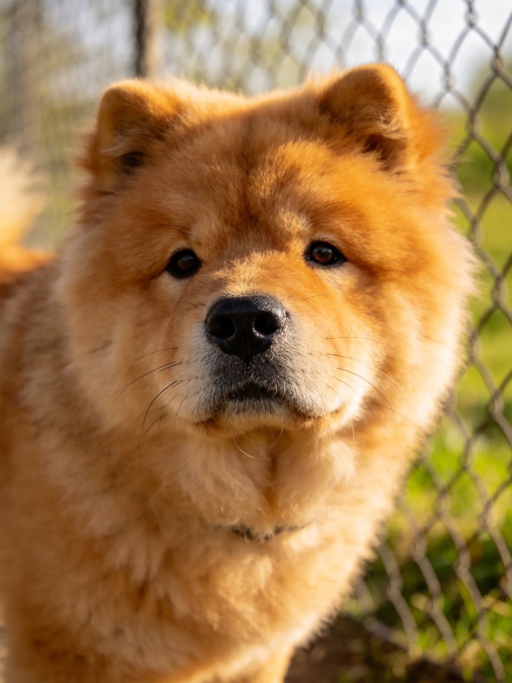 Fluffy golden Chow near a chain - link fence