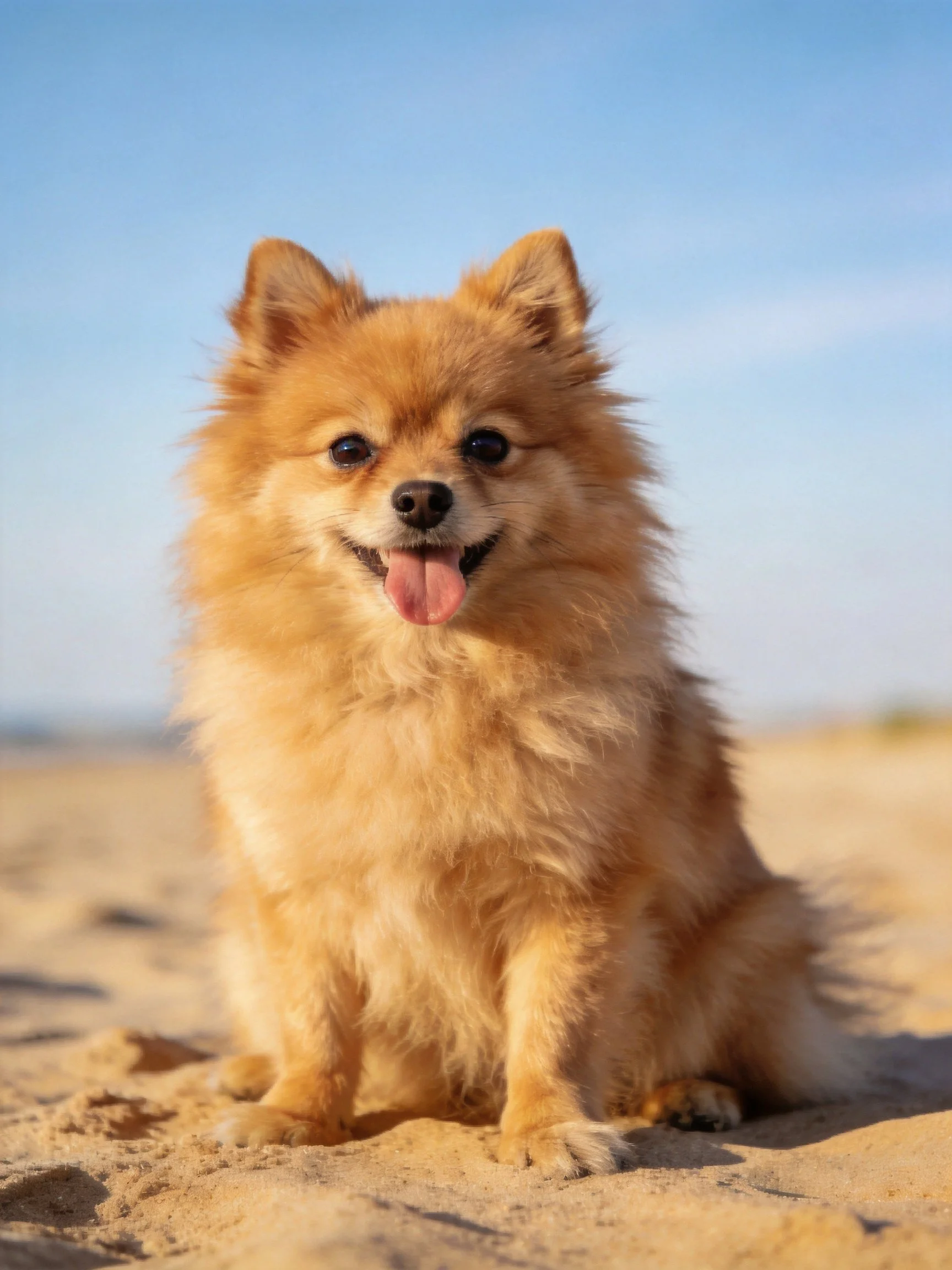 A fluffy golden Pomeranian sits happily on sandy ground.
