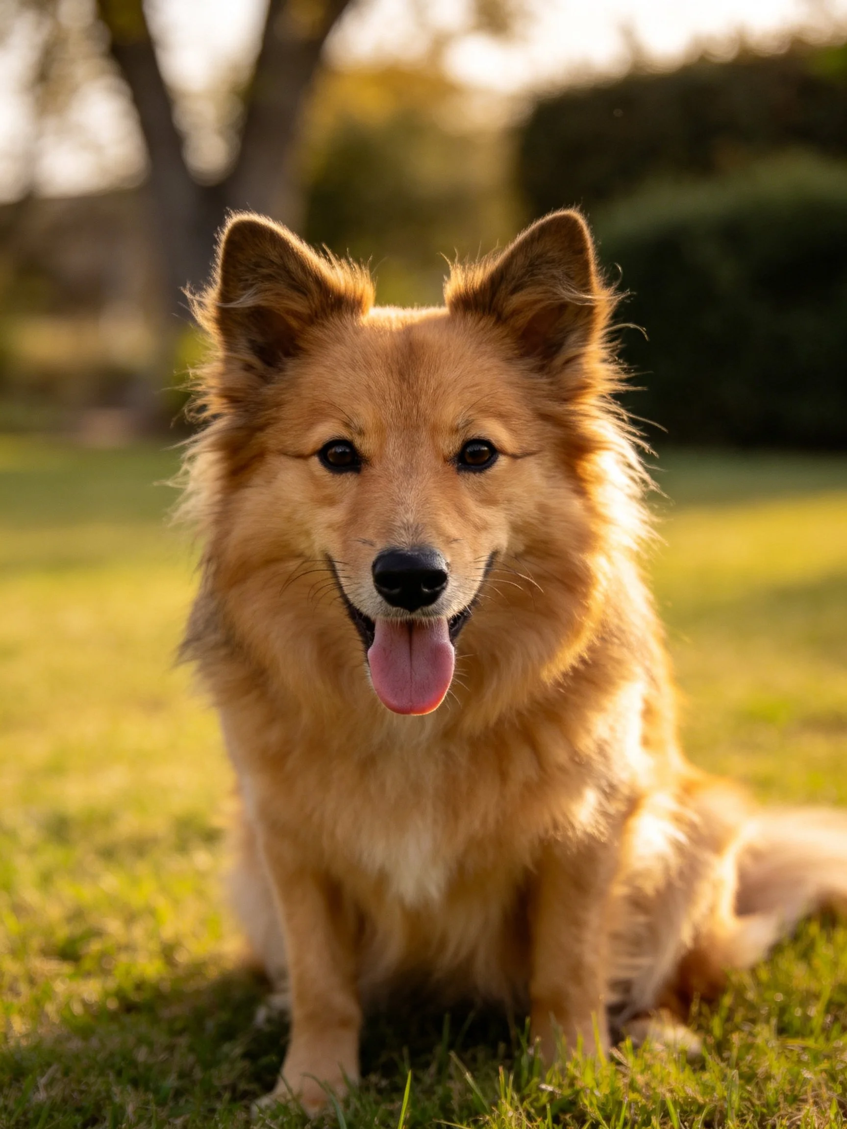 Golden dog relaxes on grass in sunlit outdoor setting