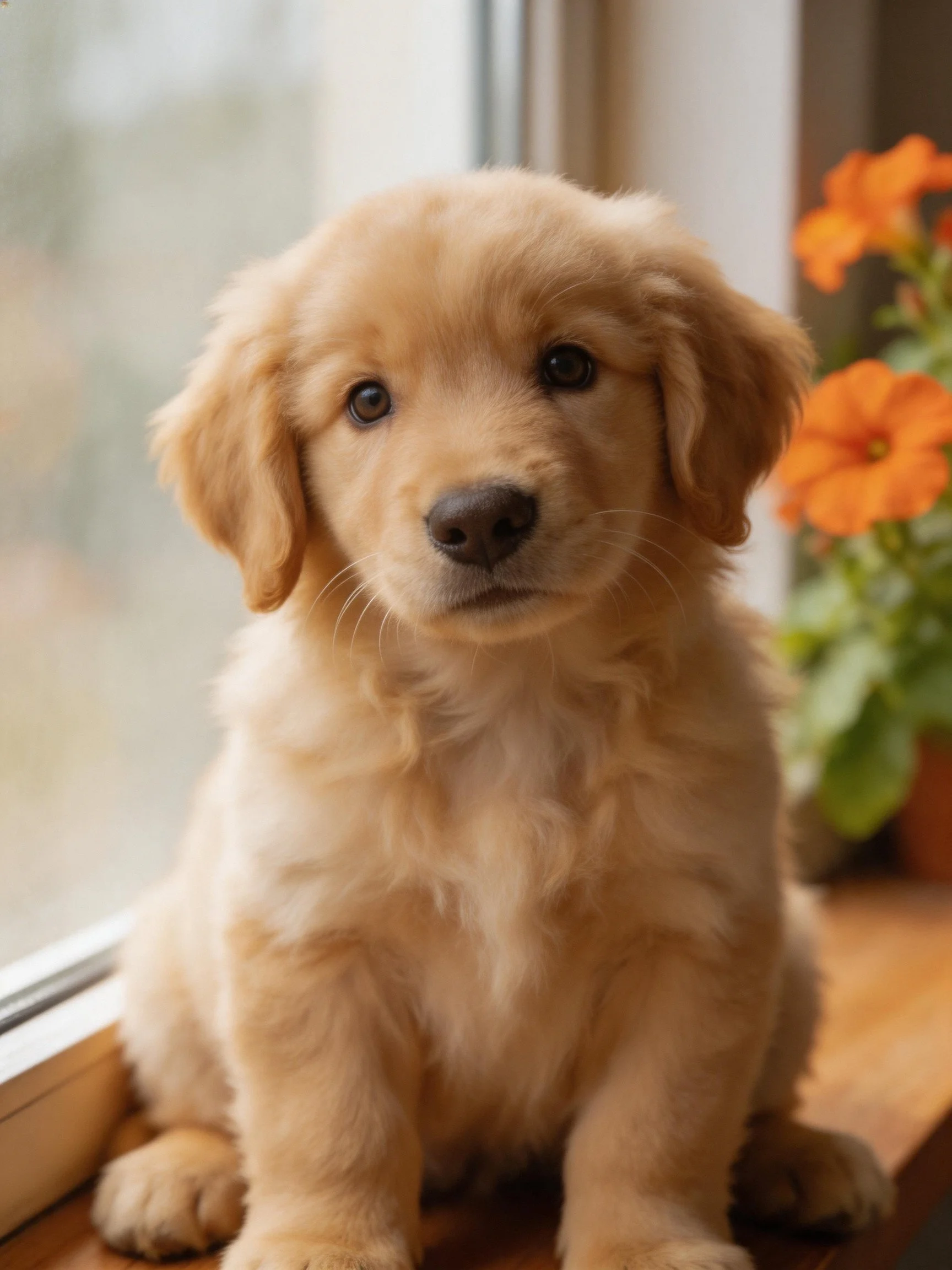 A golden retriever puppy sits calmly near a window with orange flowers.