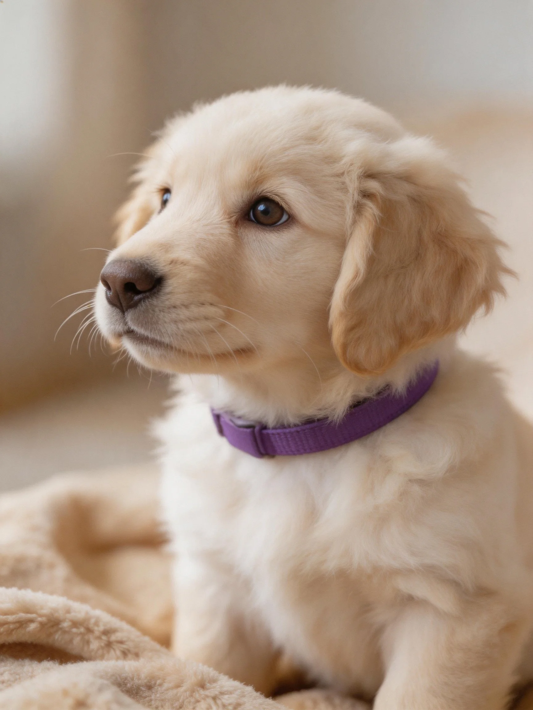 Golden retriever puppy with purple collar sits on a soft blanket.