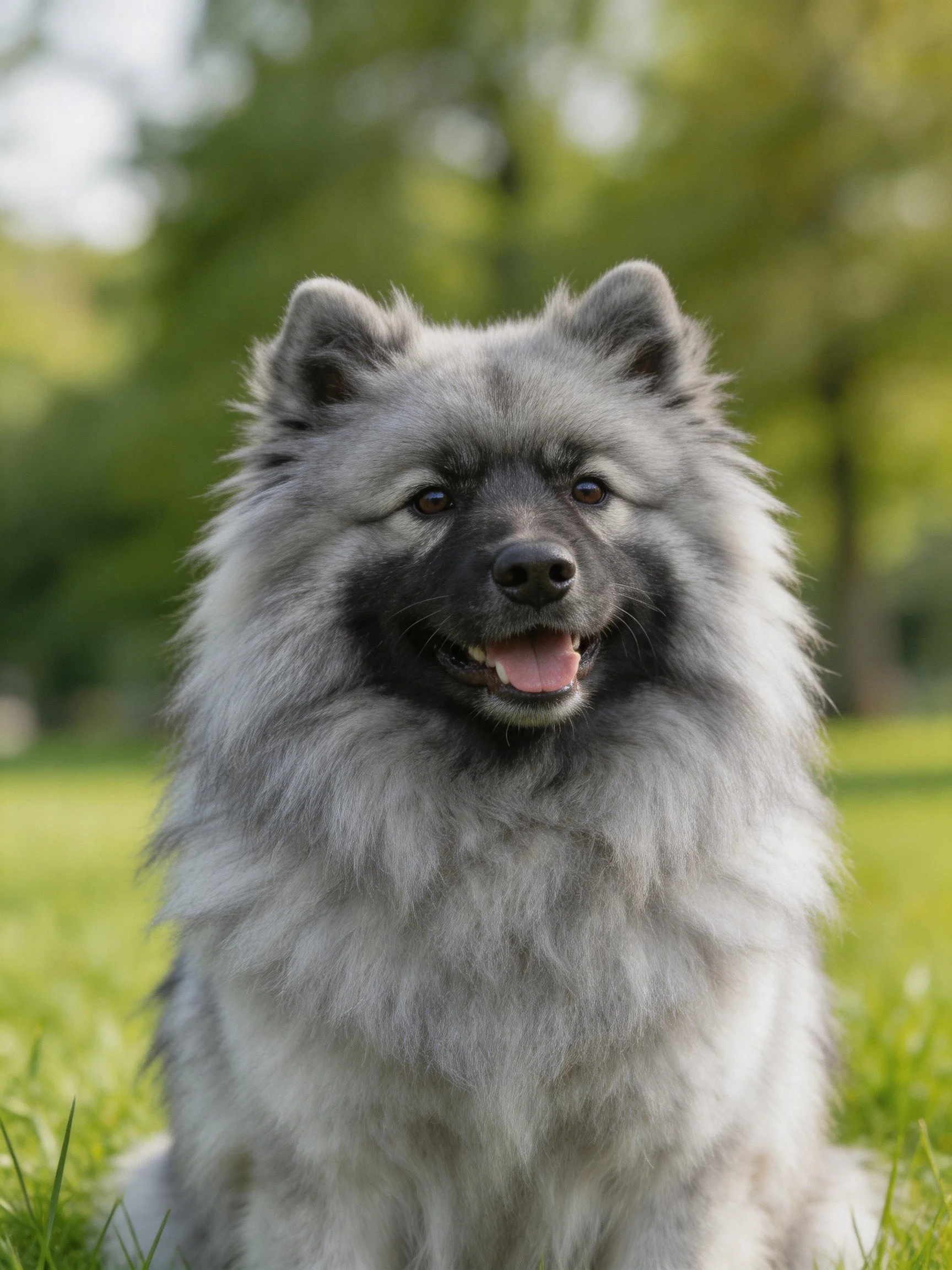 A fluffy gray Keeshond relaxes on grass in a sunlit outdoor space.