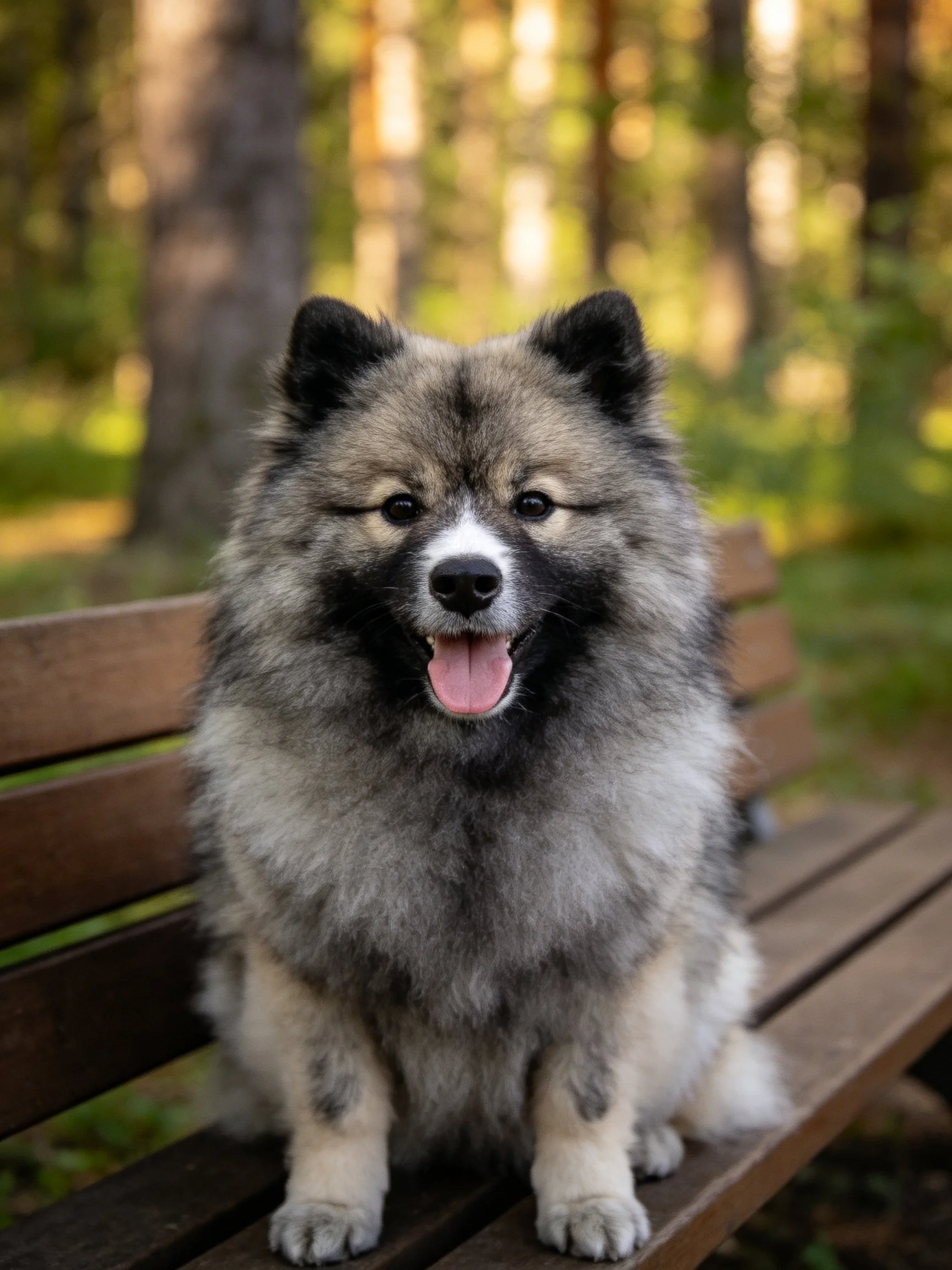 Gray and black dog sits on wooden bench in sunlit wooded area.